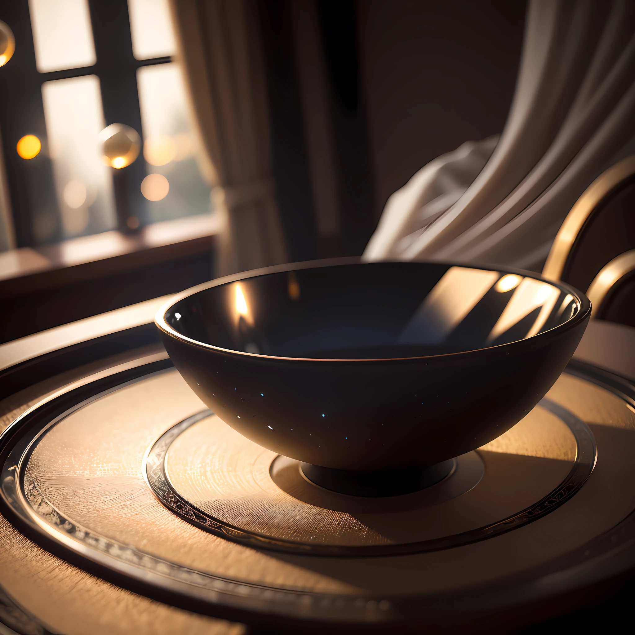 bowl world, night, night view, window, night light, curtains, carved black marble dining table, glass table, depth of field, ((blurred background)),
Masterpiece, the best quality, super delicate, --auto --s2