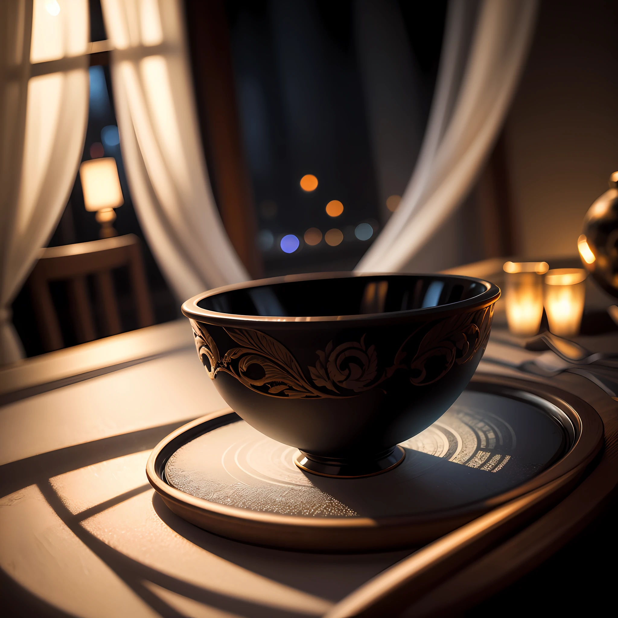 bowl world, night, night view, window, night light, curtains, carved black marble dining table, glass table, depth of field, ((blurred background)),
Masterpiece, the best quality, super delicate, --auto --s2