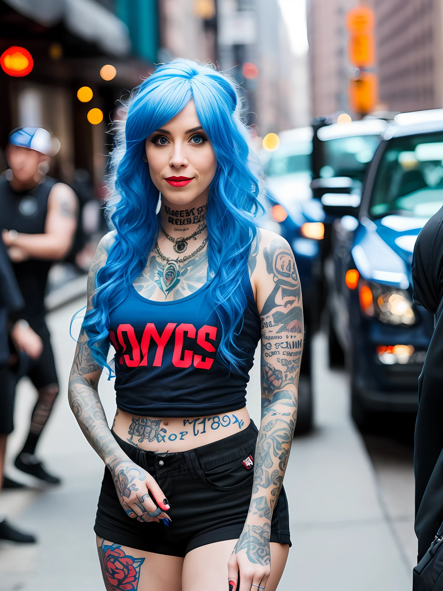 Pokket, filmed on DSLR, 8K, detailed face, blue hair, 25-year-old woman, is on the street in NYC, rap style clothes, black tattoos, different position