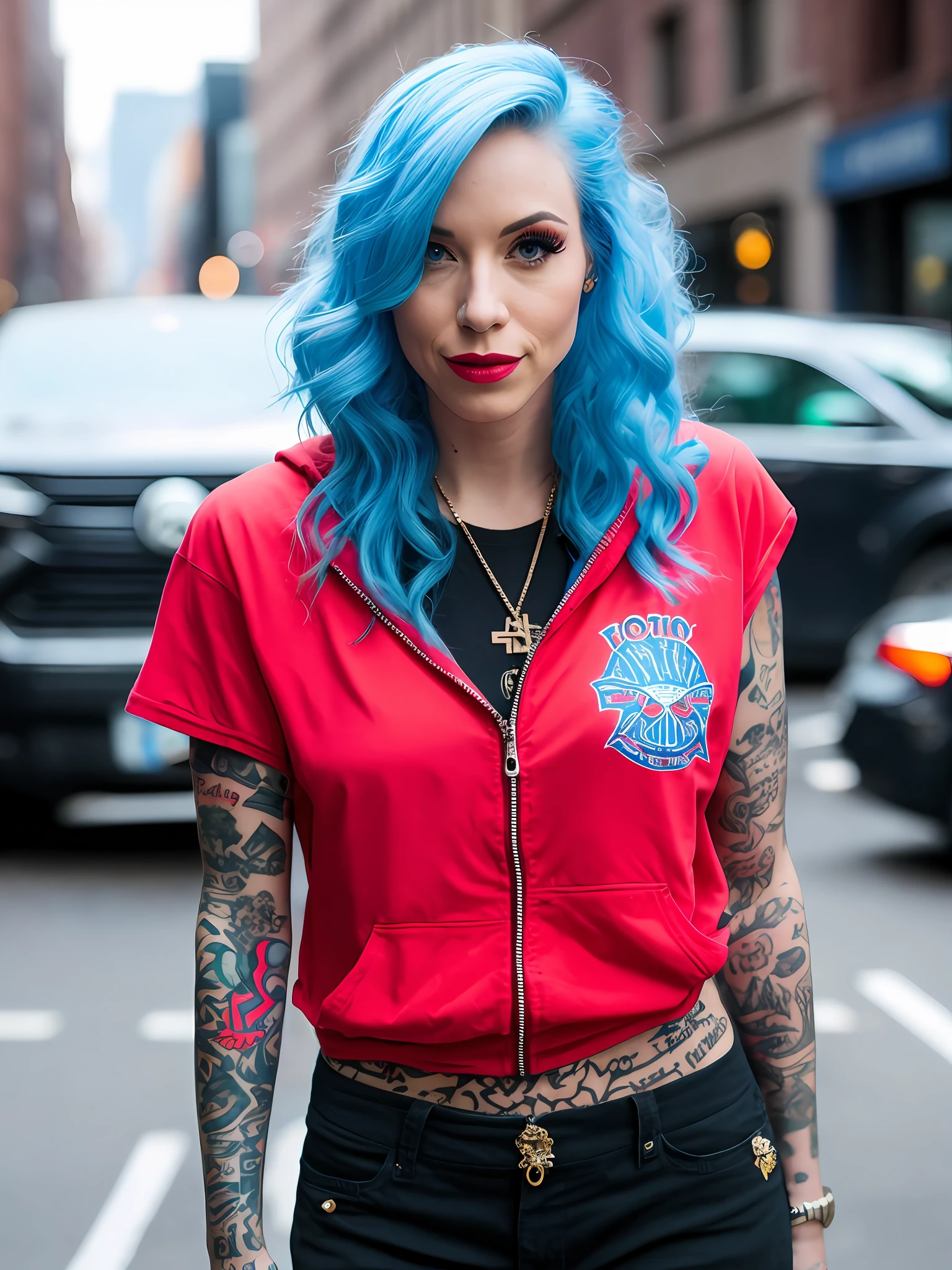 Pokket, filmed on DSLR, 8K, detailed face, blue hair, 25-year-old woman, is on the street in NYC, rap style clothes, black tattoos, different position