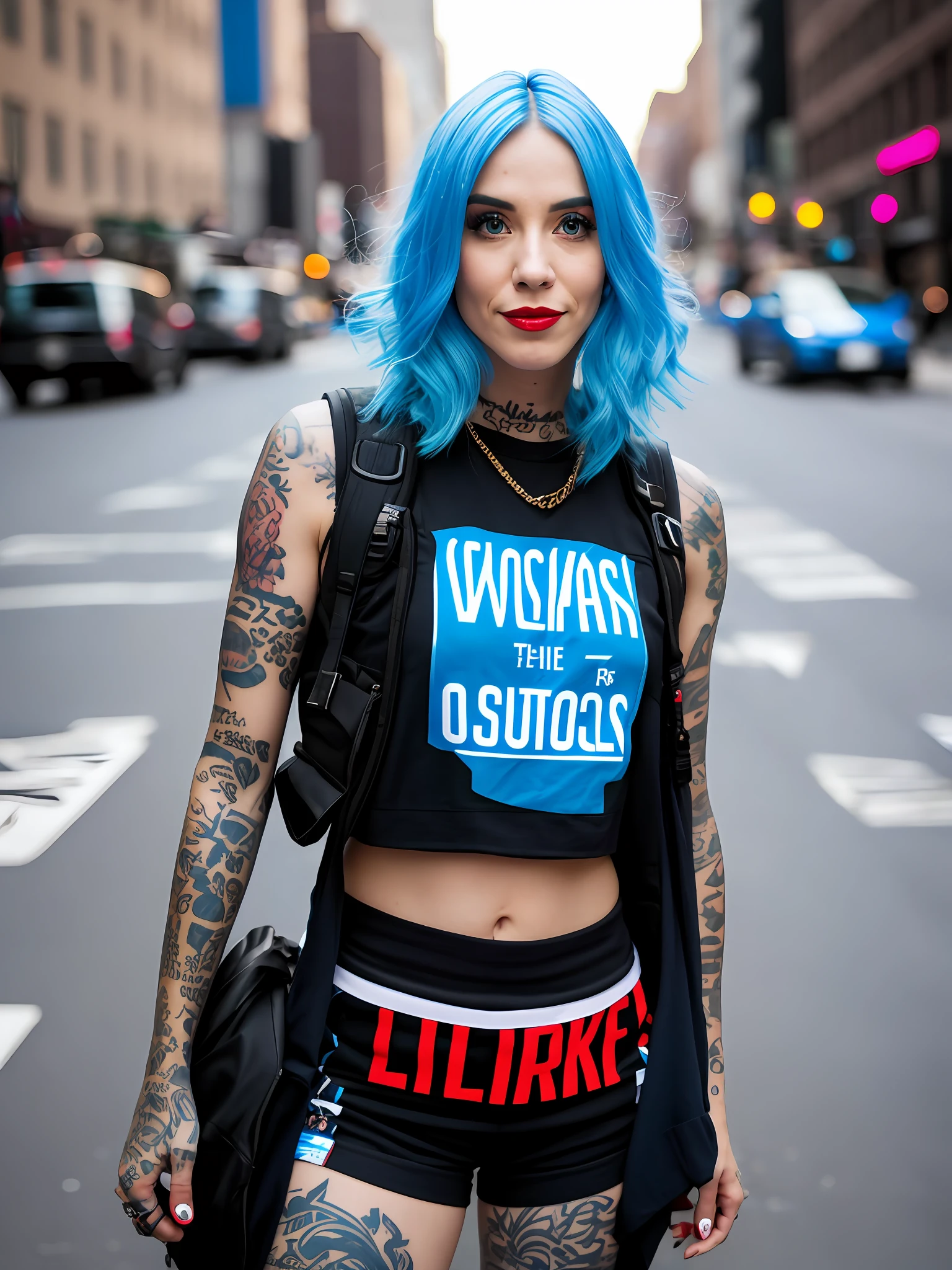 Pokket, filmed on DSLR, 8K, detailed face, blue hair, 25-year-old woman, is on the street in NYC, rap style clothes, black tattoos, different position