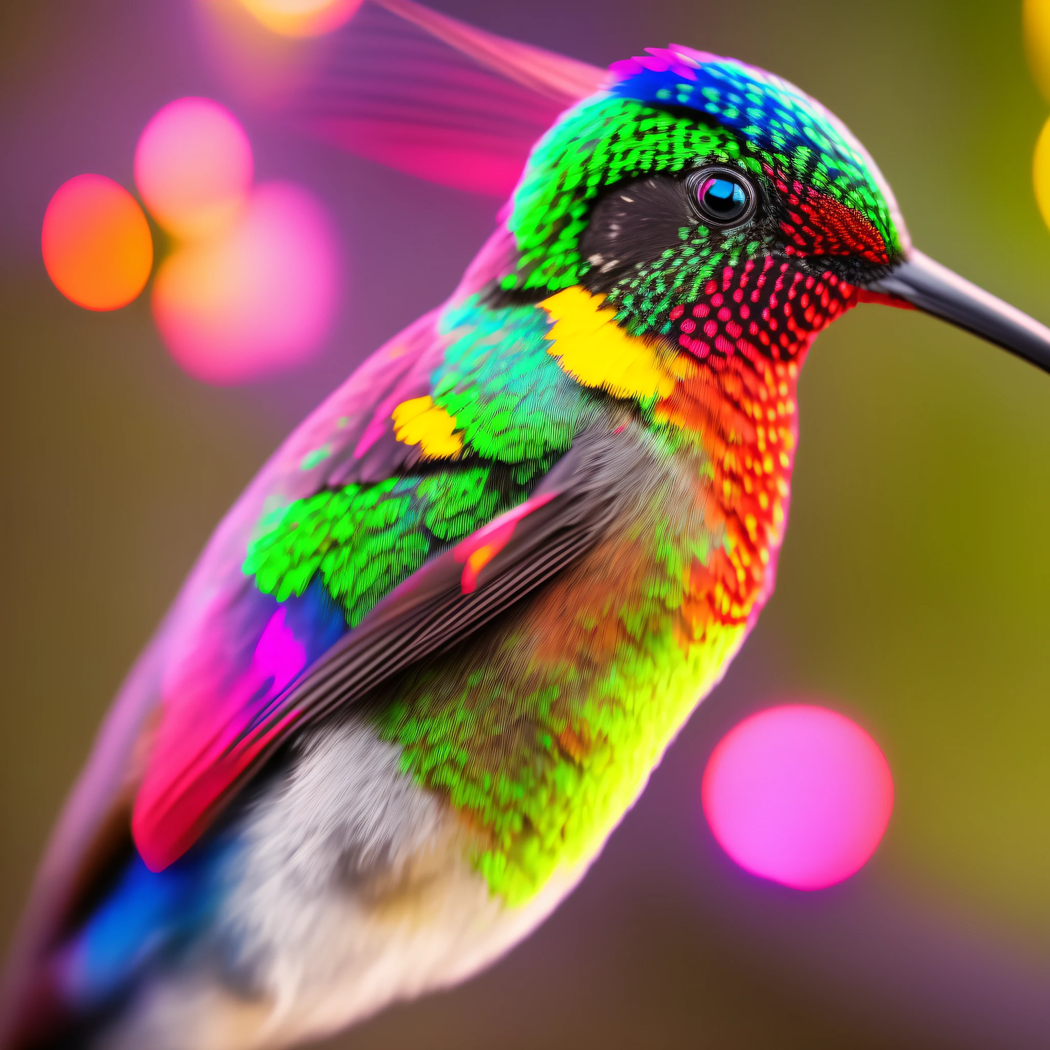 Multicolored Hummingbird Bird, Cinematic Lighting, Lens Flare, Bokeh, Super Detail --auto --s2