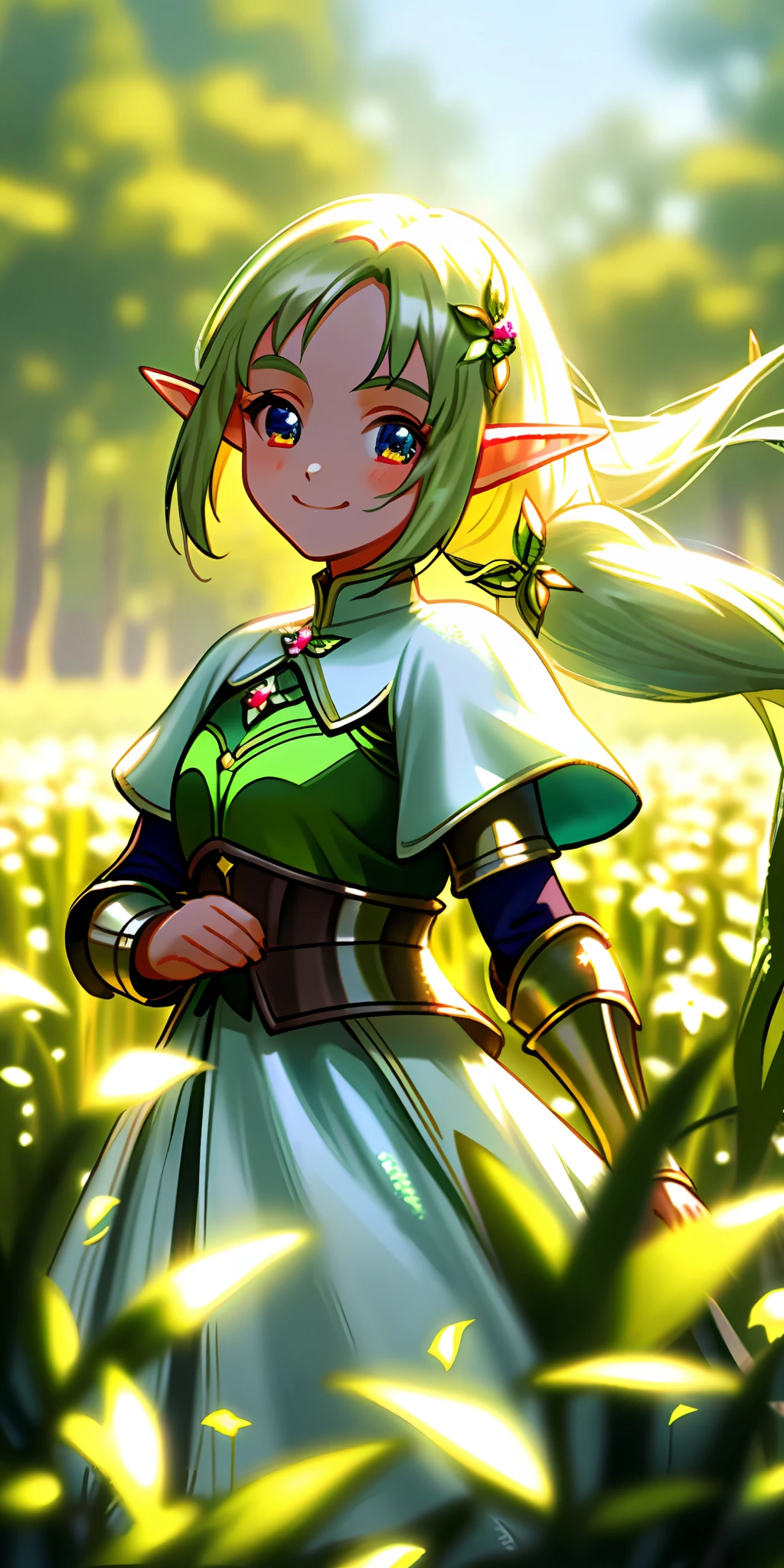 (masterpiece, best quality), close up, 1girl elf with long white poney tail hair, smiling, standing in a field of shiny colorful plants and flowers, ((elf)), bright and shining eyes, armor, warm lighting, white dress, blurry foreground, looking at viewer, neon sparkles ✨