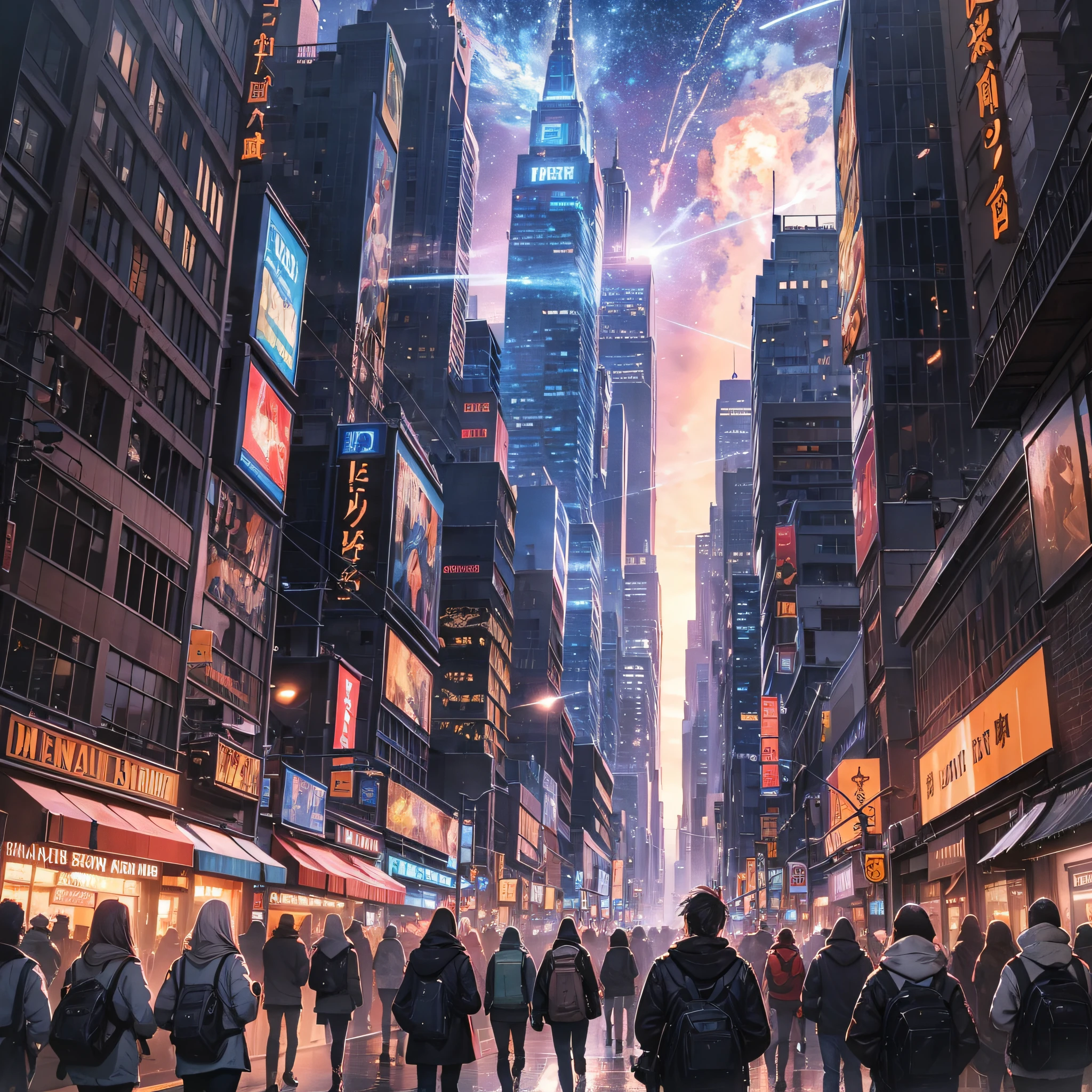 Meteor swarms fall on the city, apocalyptic city scenes, people scatter, everywhere with firelight and running people (City Street at Night 1.5) (Starry Sky) (Firelight) (best quality: 1.1) (Masterpiece: 1.3) with unparalleled masterpieces, surreal 8K, perfect artwork, super detail, best quality, masterpiece 4K wallpaper aesthetics, masterpieces, award-winning artwork, official art, cinematic lighting