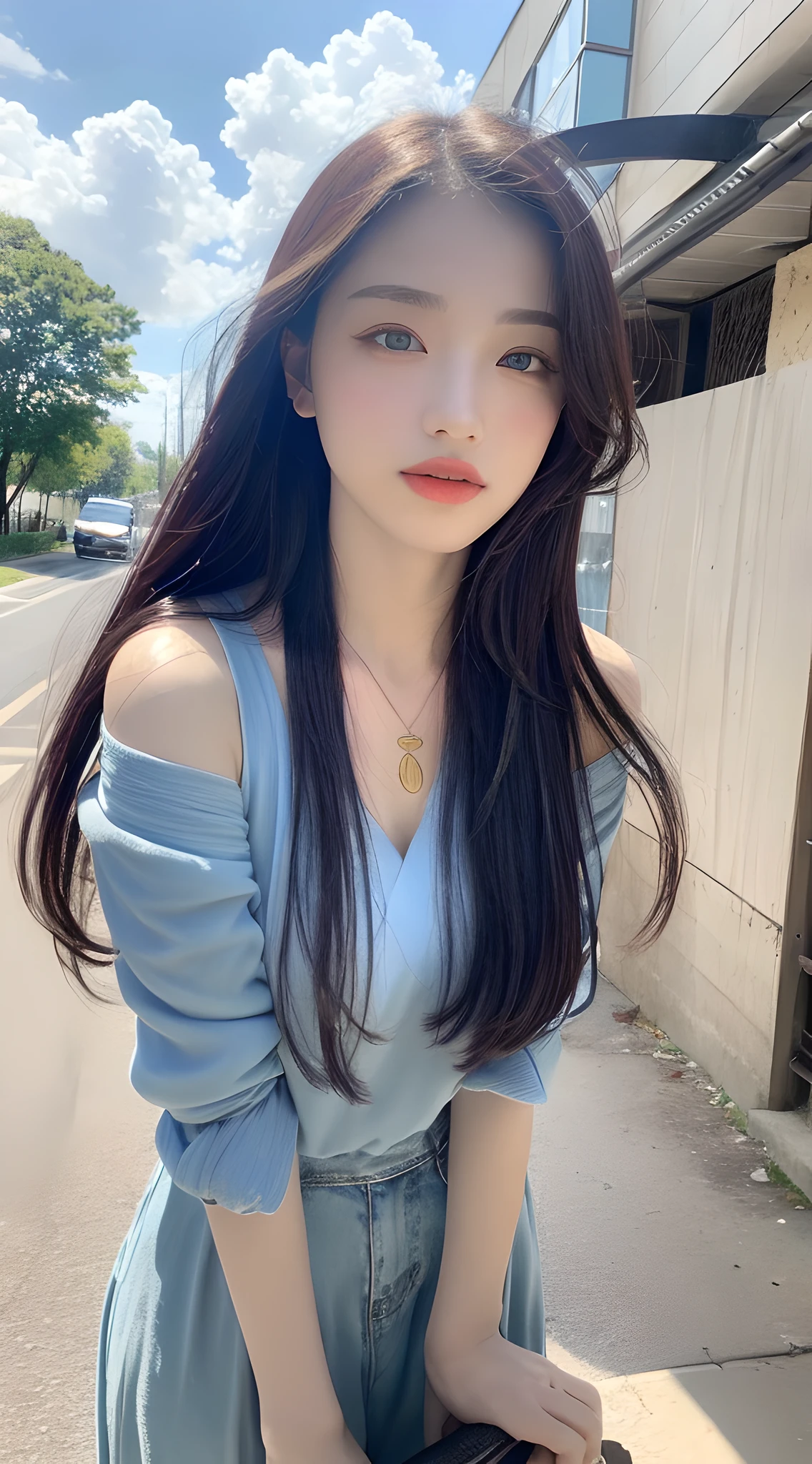 ((HD 8k wallpaper, exquisite and detailed, bright light, soft shadows)), floating, natural atmosphere, blue sky and white clouds, landscape (far or close), 1 female, blue eyes, colorful hair (gold: 1.2 + red: 1.1 + silver + purple + green: 1.3), white martial arts costume, necklace, dynamic pose, dynamic angle, natural water droplet, sky scene, watercolor style.