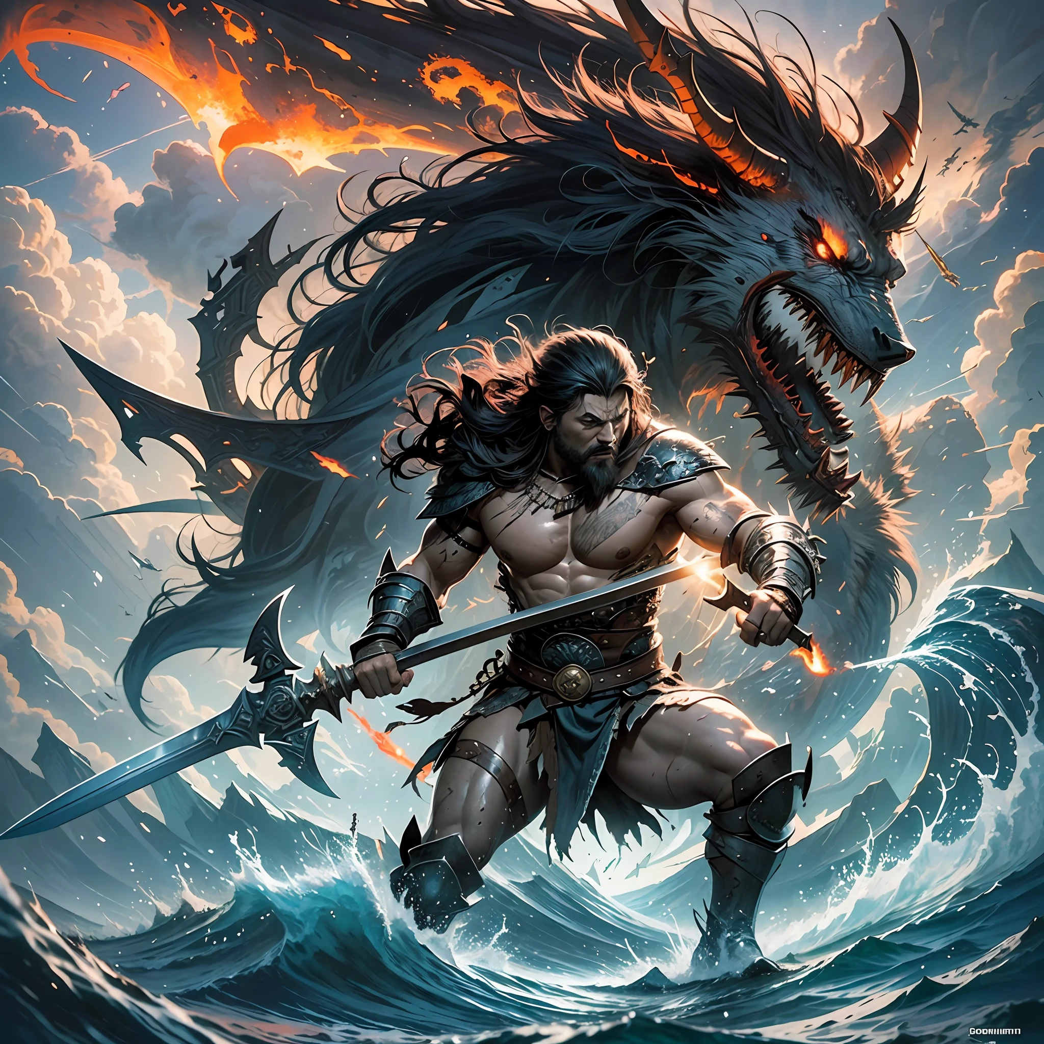 a man with a black sword In a war, Ship on fire, sea and ocean, storm, Angry and fighting, barbarian, barbarian on Roman battlefield, barbarian class, berserker, epic mythology, conan the barbarian, barbarian warrior, conan, male barbarian, frank frazetta8k, fur-clad barbarian goliath, dark epic fantasy, viking berserker, heroic masculine pose, wielding a huge great axe, brom redshift, Fire blood everywhere --auto --s2