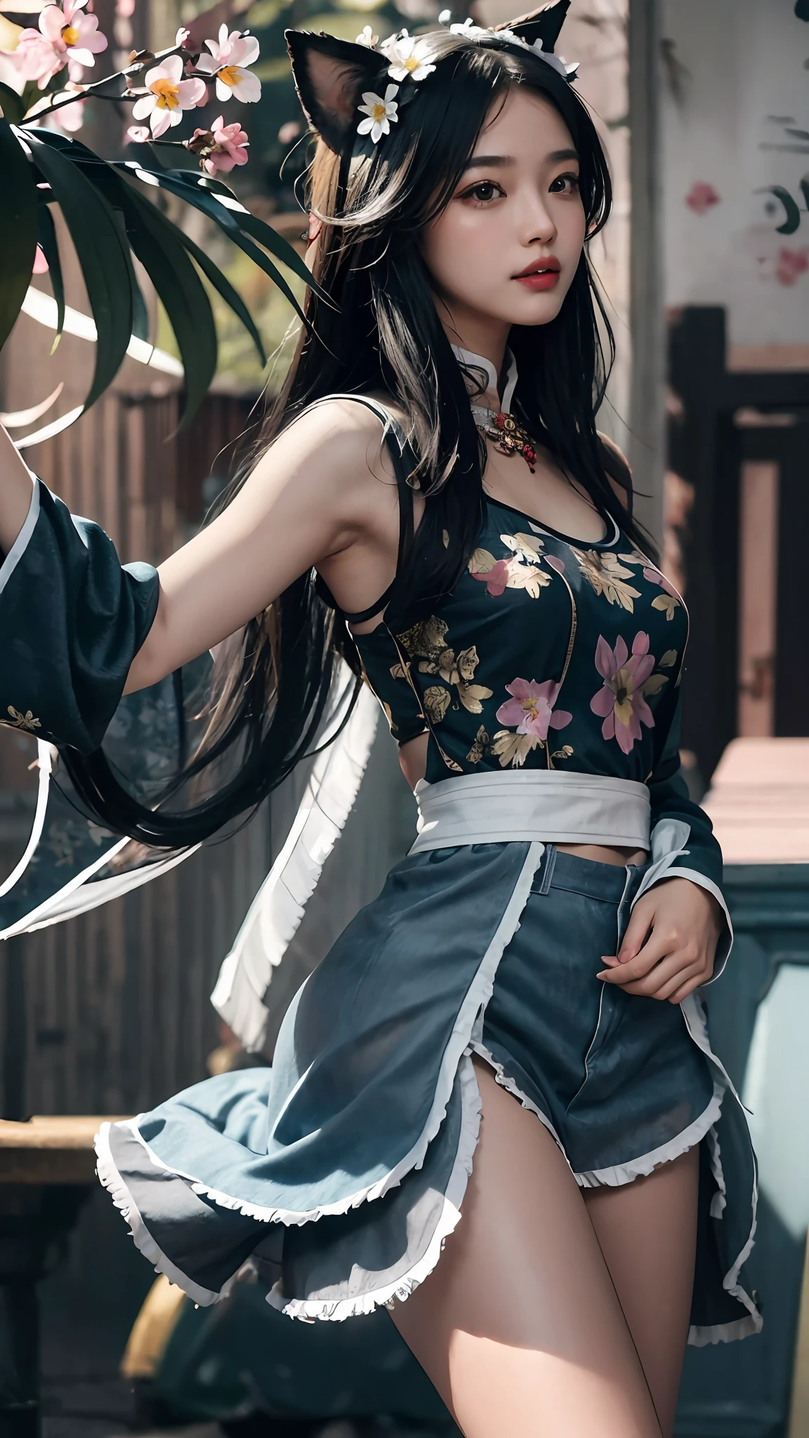 best quality, (masterpiece:1.35), wallpaper, (illustration), original,
(depth of field), (1girl:1.35), (solo), full body, dynamic,
detailed face,mature female, adult, (old:1.3), Medium breasts, Amused, happy,miko clothes, flower trim,absurdly long hair, black hair,dog ears
volumetric lighting, fall leaves, Tyndall effect,