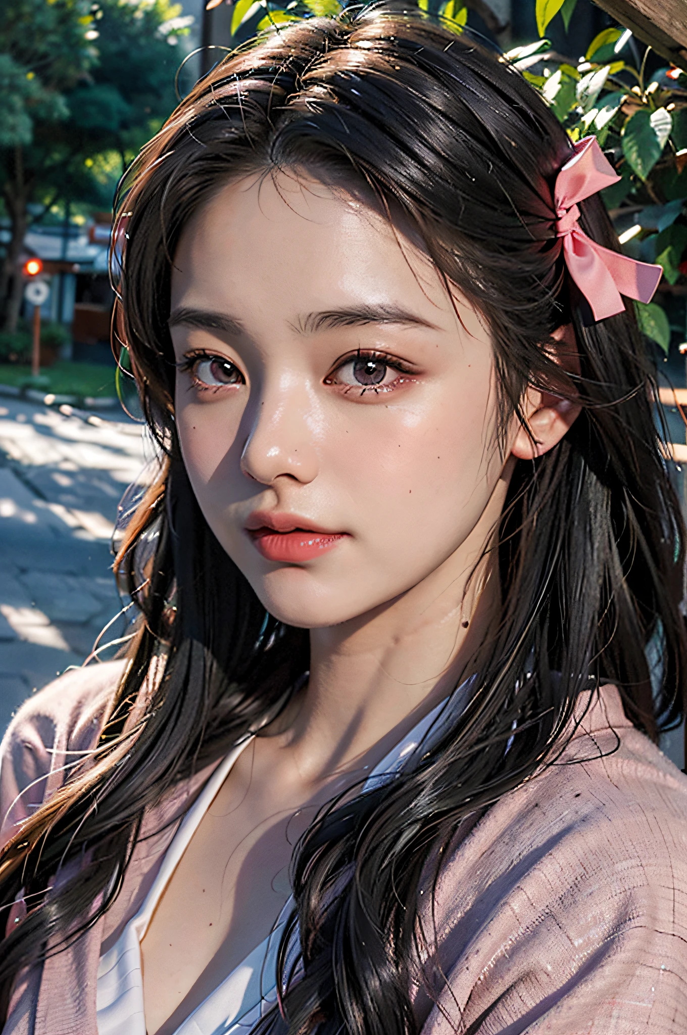 masterpiece, (photorealistic:1.5), realistic eyes, asian woman, best quality, beautiful lighting, professional lighting, photon mapping, radiosity, physically-based rendering, kamado nezuko, 1girl, black hair, forehead, hair ribbon, japanese clothes, kimono, long hair, multicolored hair, pink eyes, pink kimono, pink ribbon, ribbon, very long hair, bit gag, gagged, sky, ((aged up)), (RAW photo, 8k uhd, film grain),