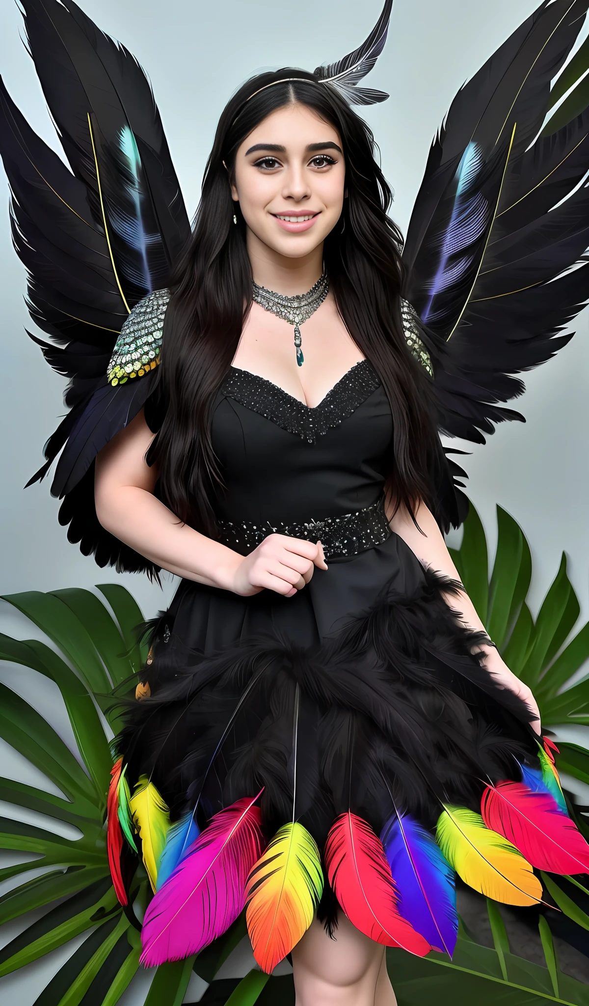 Lauren jauregui happy in a black colored outfit, bright rainbow feathers, detailed elaborate outfit, feather embellished, beautiful feather wings, maid, feathered wings, tropical bird