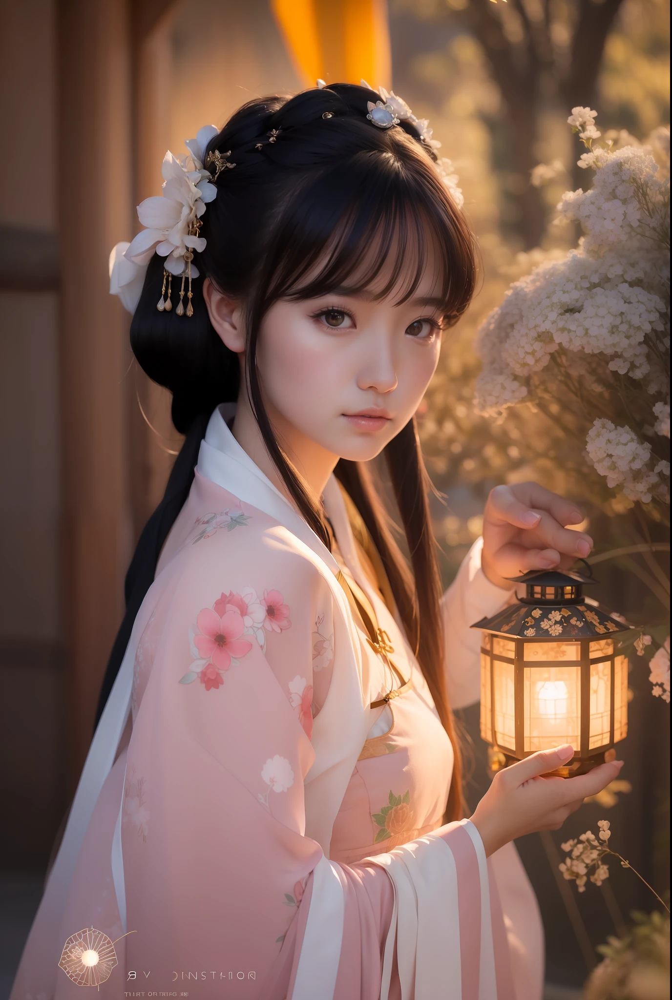 there is a woman holding a lantern in her hand near a bush, artwork in the style of guweiz, palace , a girl in hanfu, ethereal beauty, beautiful soft lighting, guweiz, 🌺 cgsociety, anime. soft lighting, loish and wlop, portrait soft low light, girl under lantern, gorgeous soft lighting, beautiful portrait image