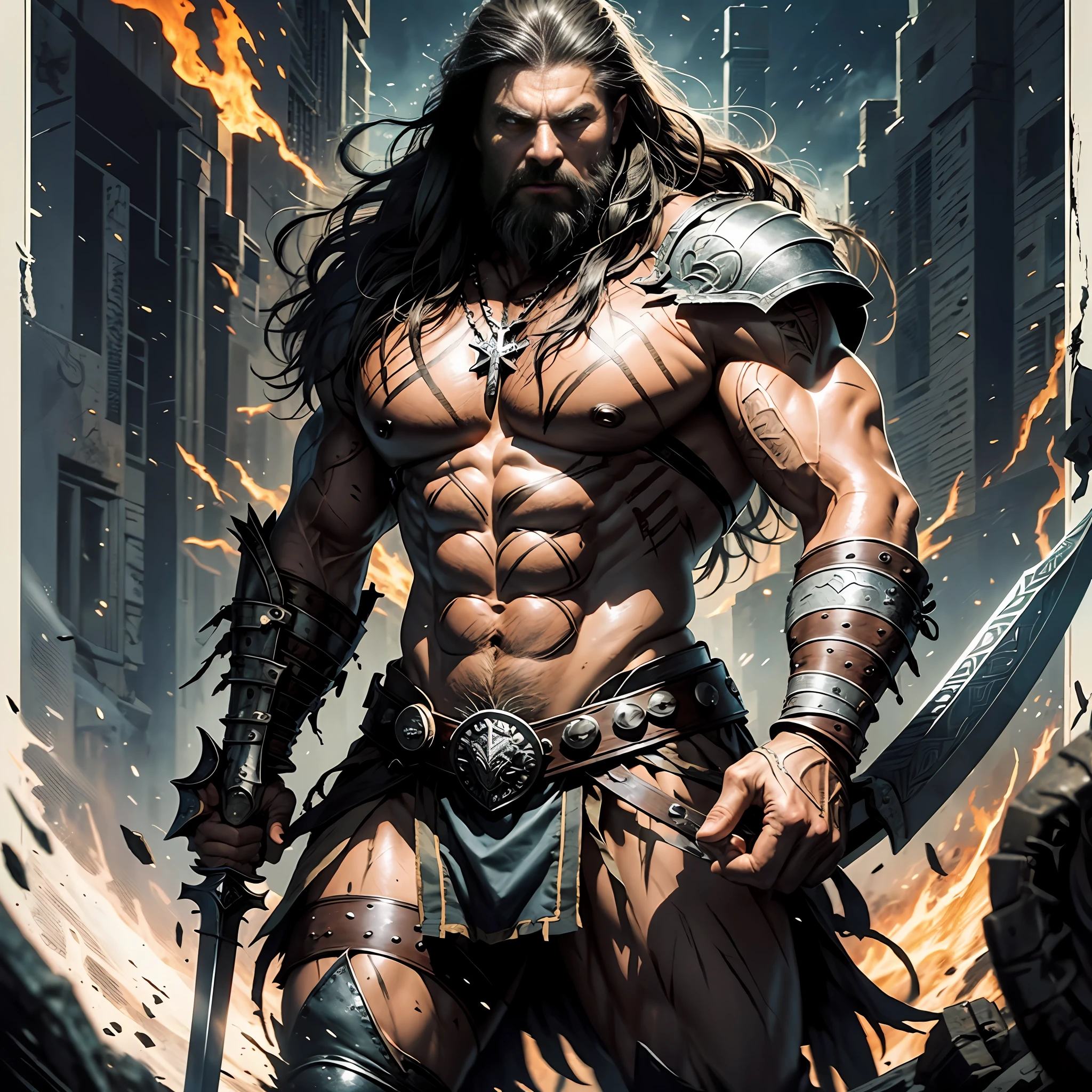 a man with a black sword In a war,Angry and fighting, barbarian, barbarian on Roman battlefield, barbarian class, berserker, epic mythology, conan the barbarian, barbarian warrior, conan, male barbarian, frank frazetta8k, fur-clad barbarian goliath, dark epic fantasy, viking berserker, heroic masculine pose, wielding a huge great axe, brom redshift, Fire blood everywhere --auto --s2