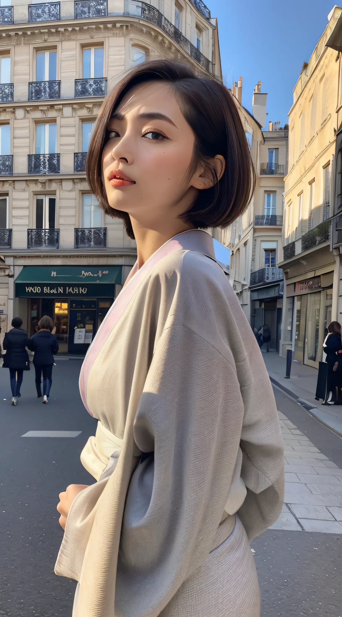 (Top Quality, 16k, Masterpiece: 1.3)), 1 Girl, Sharp Focus: 1.2, Beautiful Women with Perfect Figure: 1.4, Slender Abs: 1.2, (((Short Bob Hair)), ((Small: 1.4)), ((Beautiful Face Idol: 1.3)), (Transparent Fabric Kimono 1.5)), Highly Detailed Face and Skin Texture, Detailed Eyes, Double Eyelids, (((Pause)), (Seductive)), Walking, Paris cityscape, low angle, shot from below