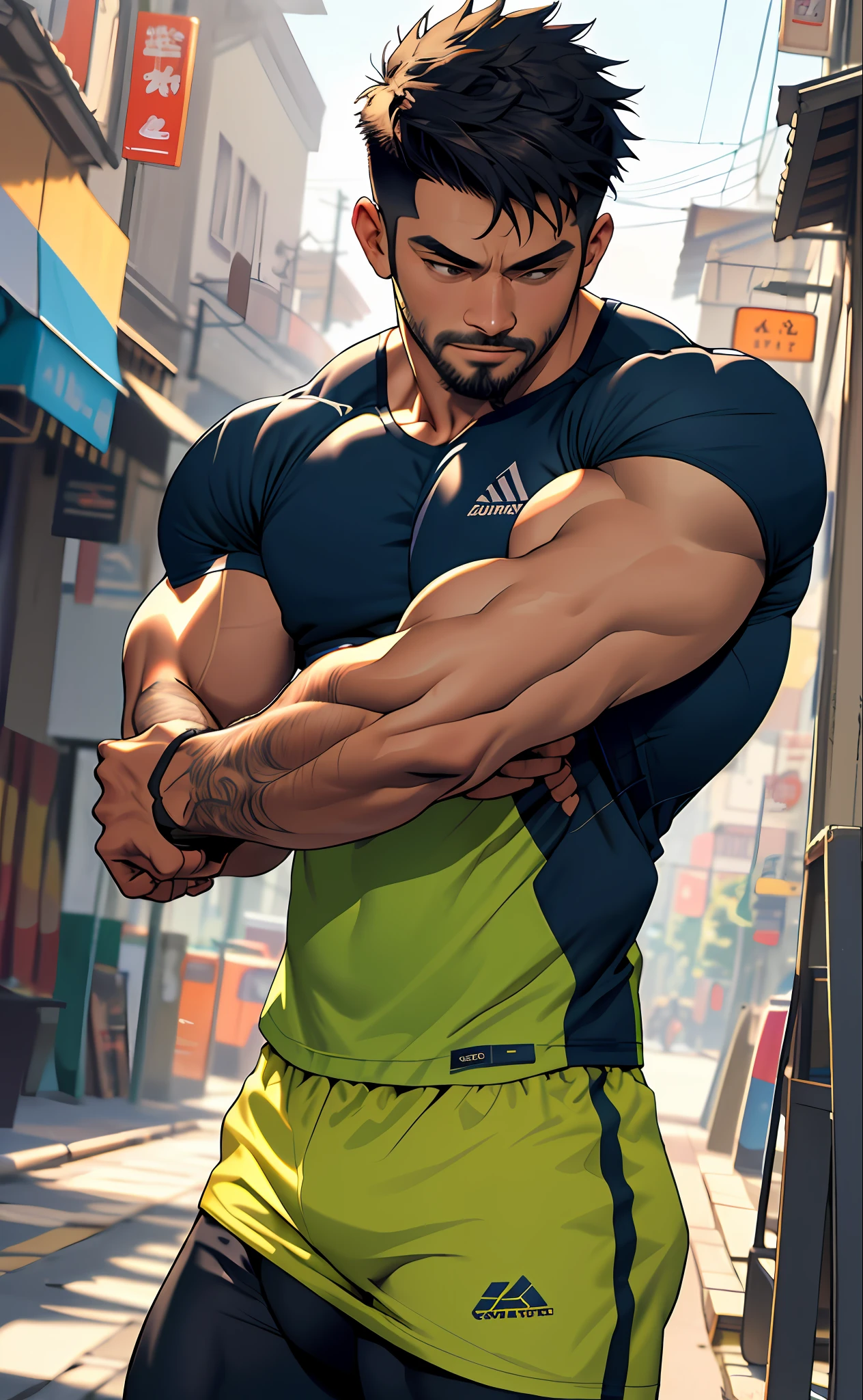 best quality, masterpiece, adult Indonesian men, super high resolution, detailed background, realism, Illustrations, single, 1 boy, street, muscle, volumetric lighting, depth of field, facial hair, fitness trainer, compression shirt