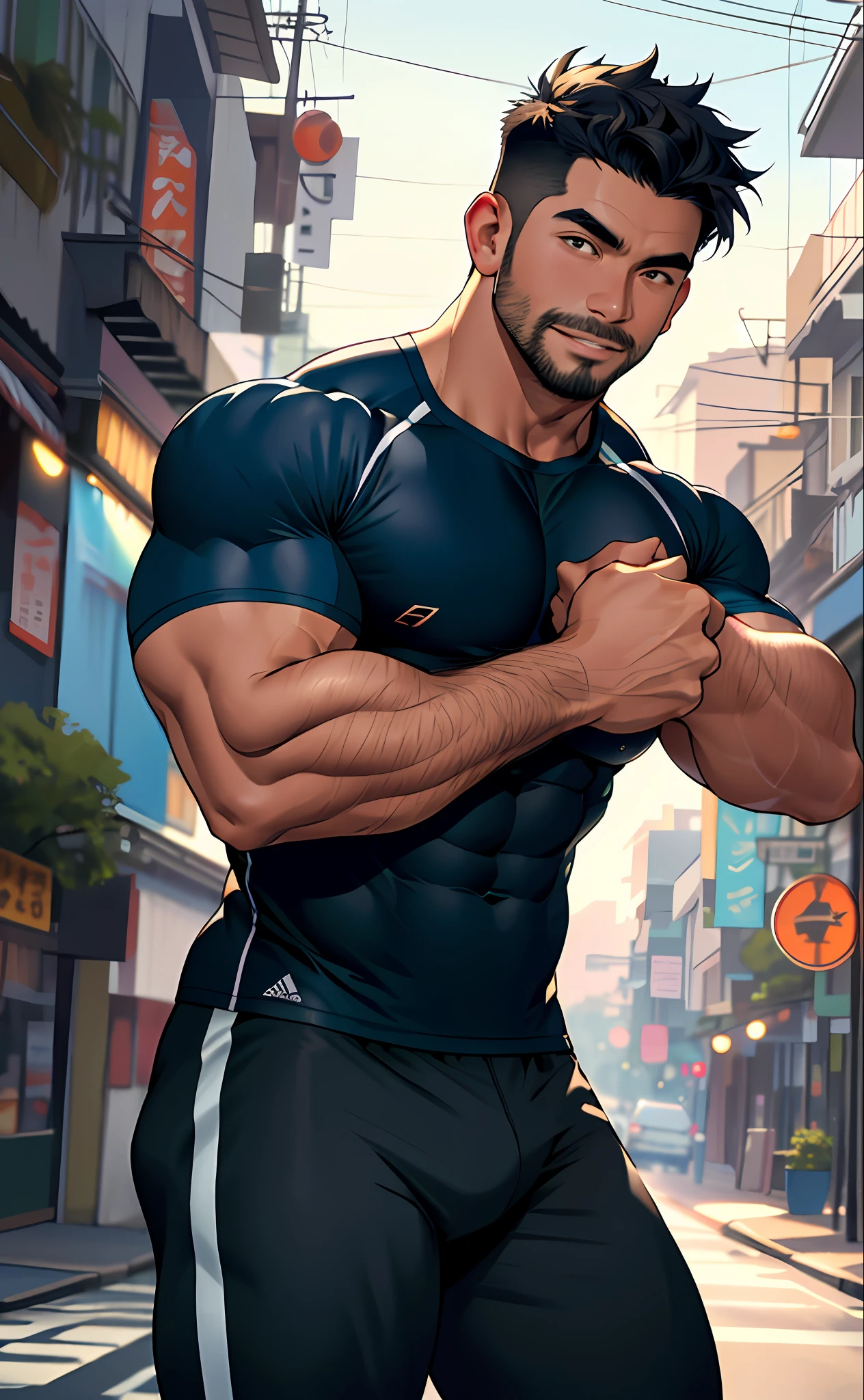 best quality, masterpiece, adult Indonesian men, super high resolution, detailed background, realism, Illustrations, single, 1 boy, street, muscle, volumetric lighting, depth of field, facial hair, fitness trainer, compression shirt