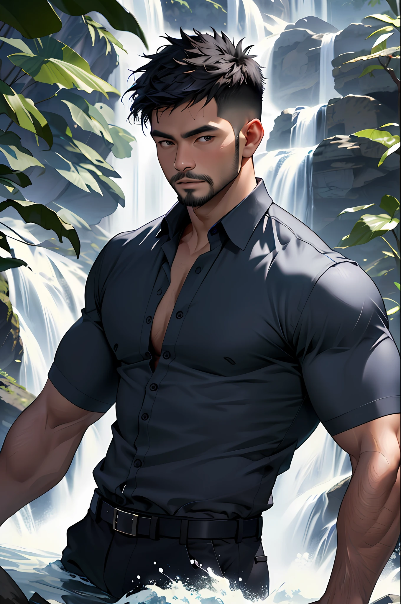 Best quality, masterpiece, expressionless,ultra high res,detailed background,realistic, adult Indonesian men, 1man,solo,male,muscular,young male,short hair,facial hair,under waterfall,water,real shadow and light,depth of field,open shirt,abs,beautiful