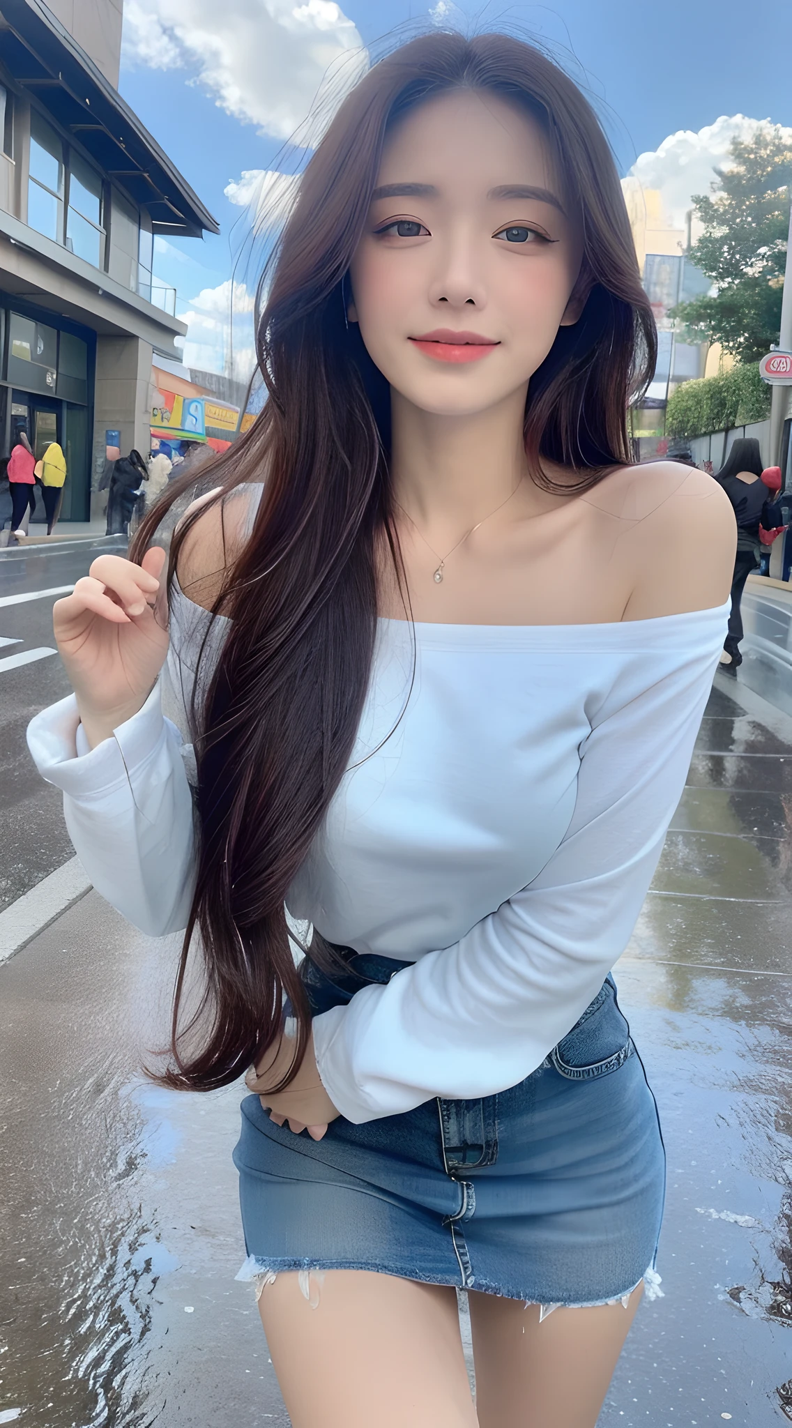 ((Best Quality, 8k, Masterpiece:1.3)), Focus:1.2, Perfect Body Beauty:1.4, Buttocks:1.2, ((Long Hair)), (Wet Clothes:1.1) , (Rain, Street:1.3), Off-the-shoulder slip skirt: 1.1, Highly detailed face and skin texture, Detailed eyes, Double eyelids, Whitened skin, Closed mouth smile, blue sky and white clouds against the background