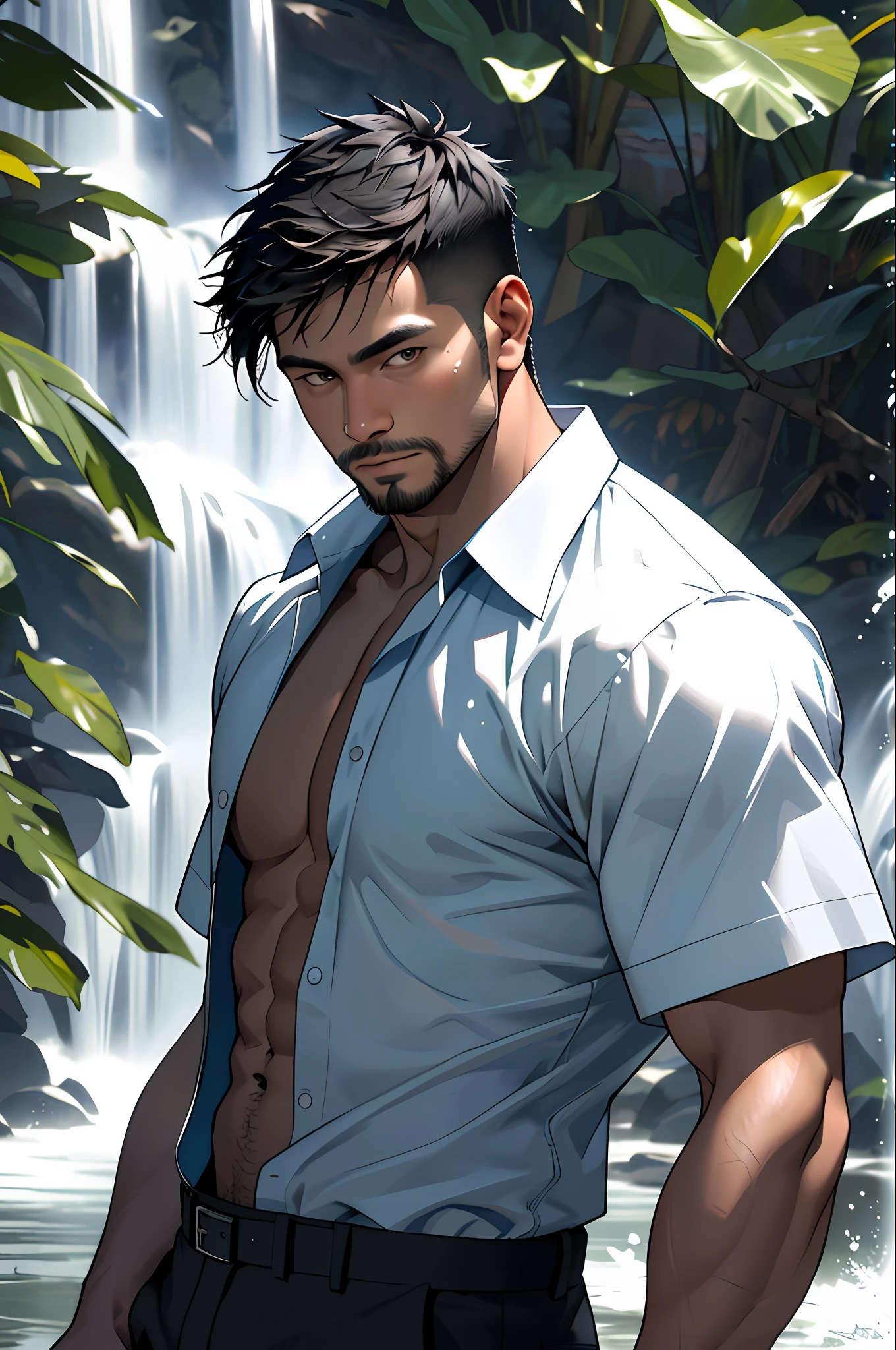 Best quality, masterpiece, expressionless,ultra high res,detailed background,realistic, adult Indonesian men, 1man,solo,male,muscular,young male,short hair,facial hair,under waterfall,water,real shadow and light,depth of field,open shirt,abs,beautiful