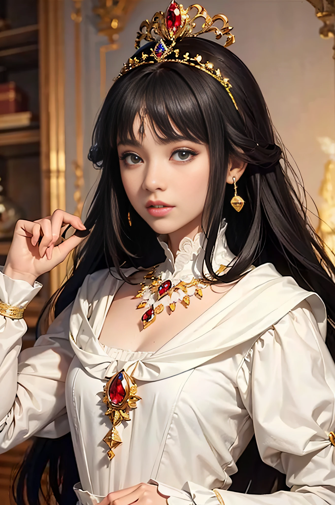 visual impact, Ultra-realistic 8k CG, masterpiece, ((ultra-detailed background, delicate pattern, intricate details)), best quality, very detailed face, extremely detailed eyes and face, extremely detailed eyes,(princess)満面の笑み, ガーネットのネックレス、upper body,dynamic angle,dramatic shadows