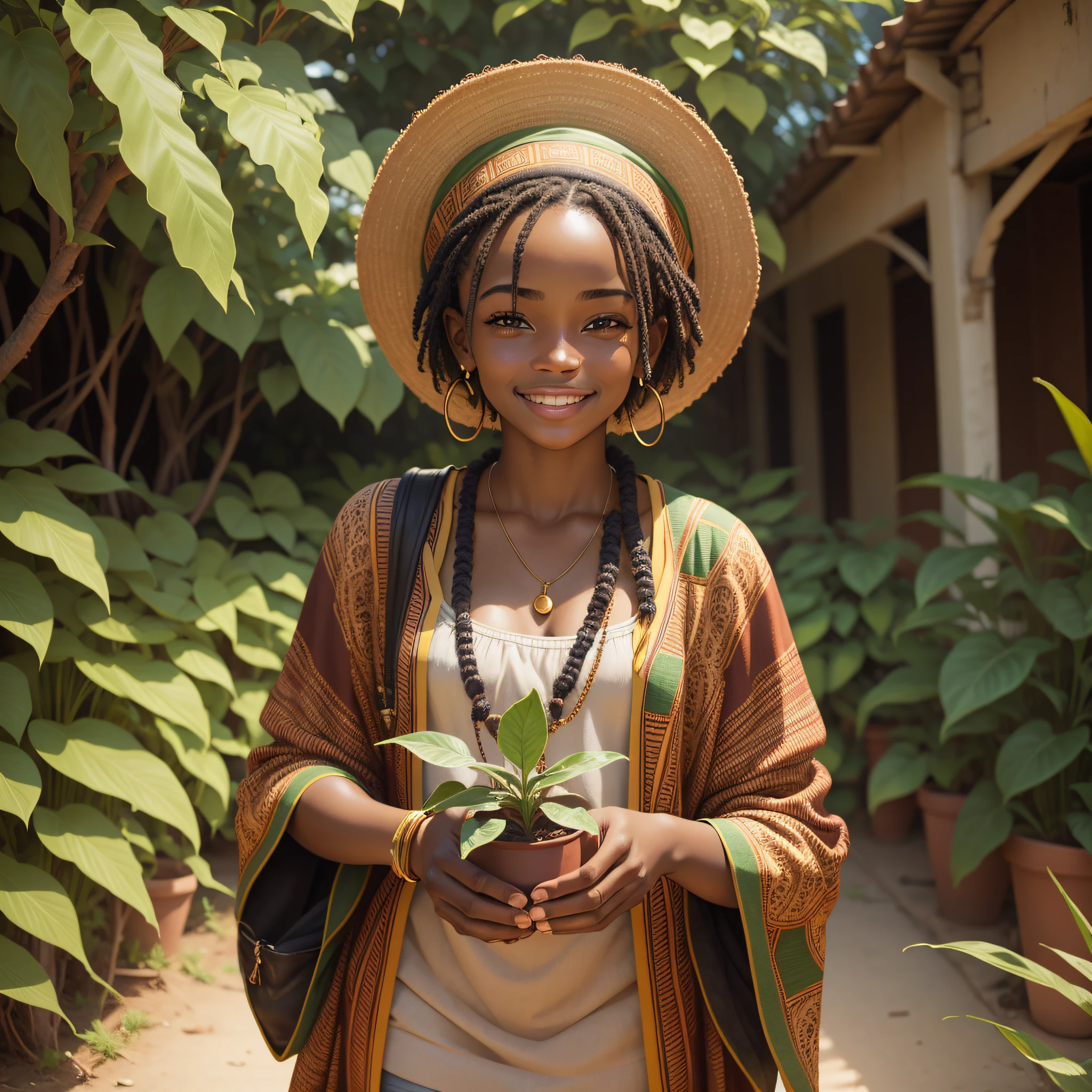 A young African woman, dressed decently, holding a plant, smiling, Jehovah's Witness --auto --s2