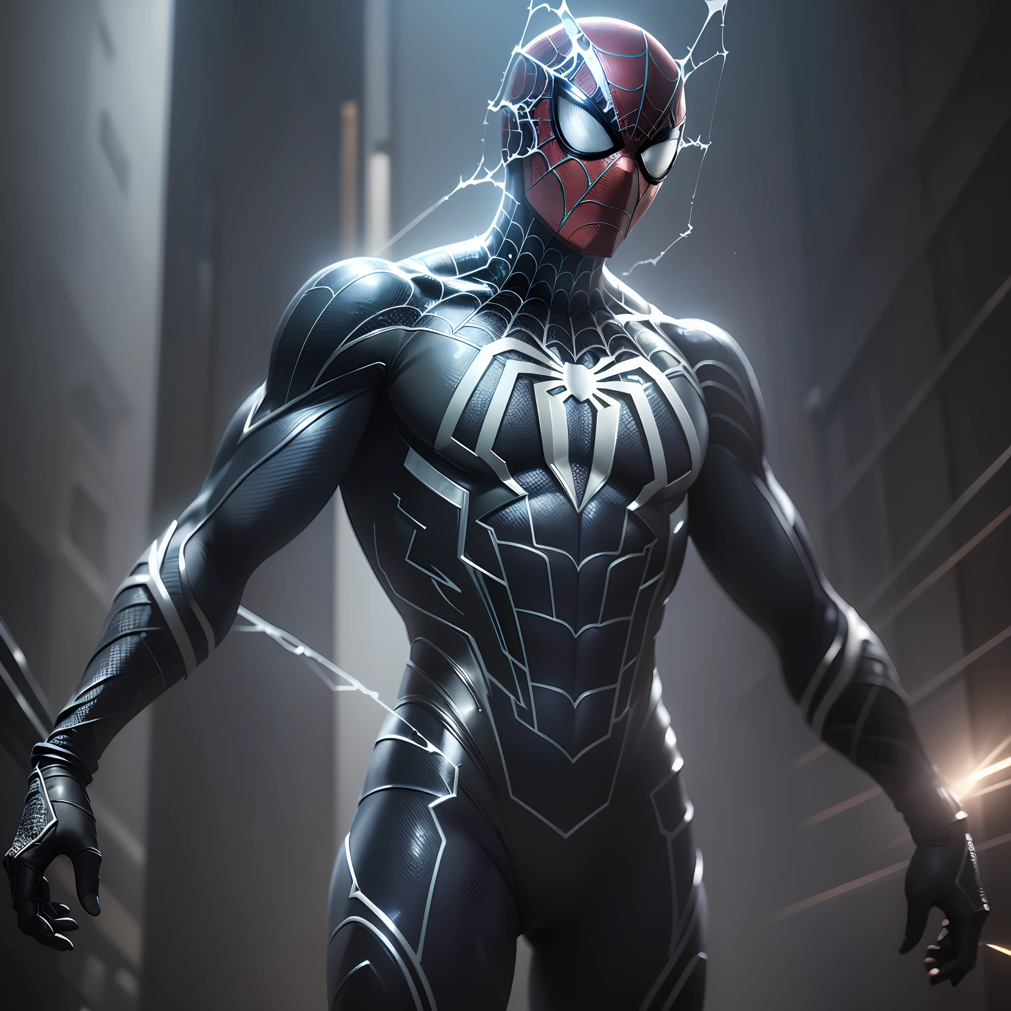 "The best possible quality in 8k resolution with an ultra-detailed image of Spider-Man in a futuristic black and white suit with a metallic web background. The focus is on the detailed textures and light and shadow effects on the suit. Add a touch of Cyberpunk style to the composition. Metaphor with metallic cobweb in the background, will add a stunning effect to the final image. ." --auto --s2