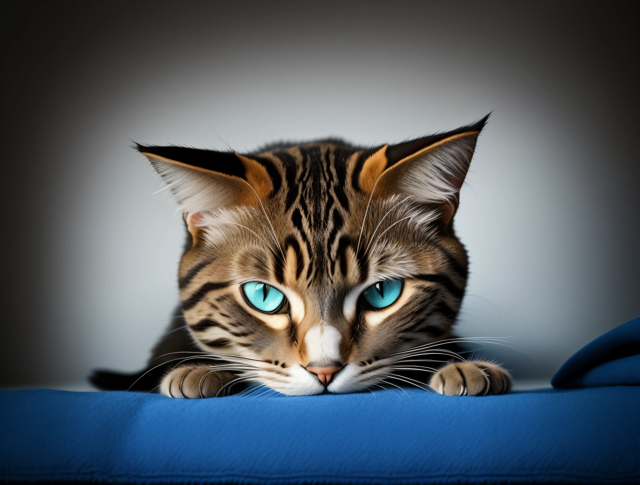 There is a cat that is lying on a blue blanket, with serious facial expression, taken with Sony Alpha 9, cat photo, angry cat, serious and severe expression, angry look at the camera, scowling look, stern look, scowling, angry look, in a threatening pose, photo of a cat, replace the blue blanket with aquarium image with ornamental fish