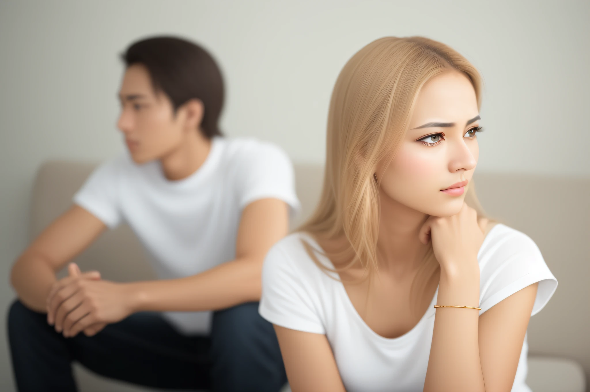 Keep the image with the same characteristics of pronpt, but make the countenance of the woman's face with a sad look.