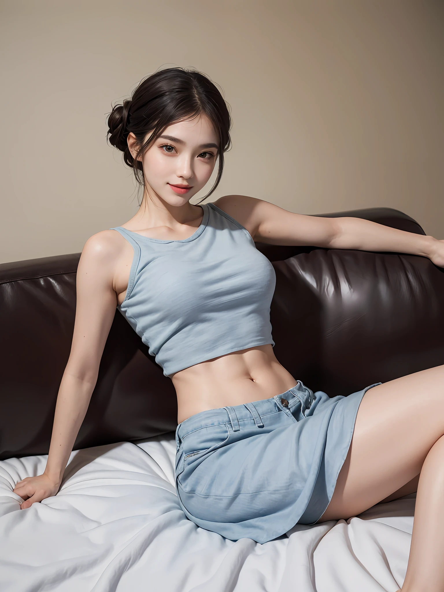 ((Best Quality, 8K, Masterpiece: 1.3)), 1girl, Slim Abs Beauty: 1.3, (Casual hairstyle, Medium: 1.2), Dress: 1.1, Super fine face, Detailed eyes, Double eyelids, smile, Home, big bed, sofa, dynamic pose