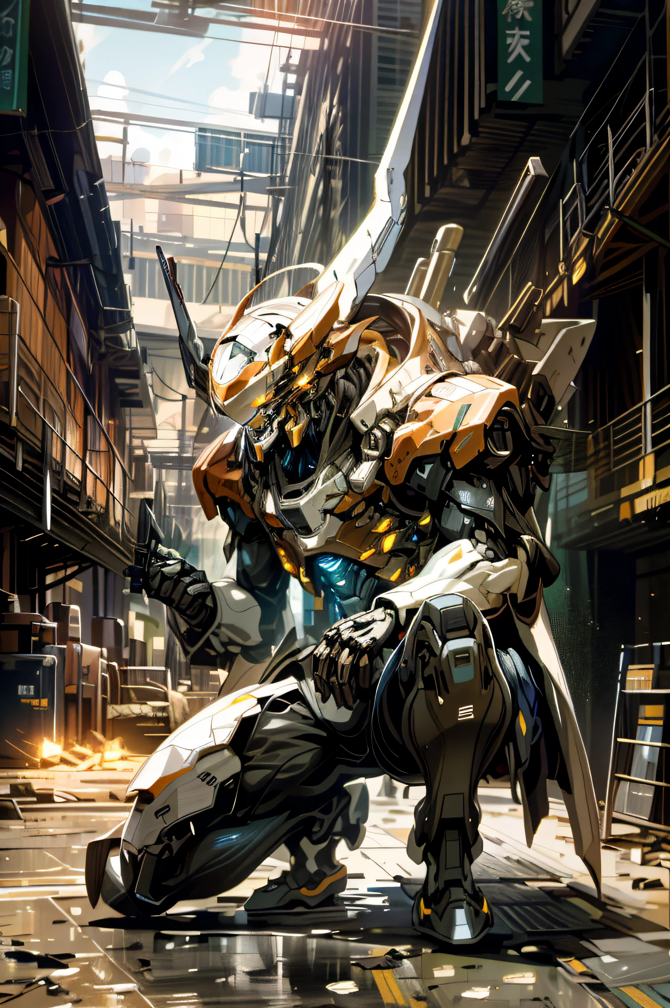 sky, cloud, holding_weapon, no_humans, glowing, , robot, building, glowing_eyes, mecha, science_fiction, city, realistic,mecha
