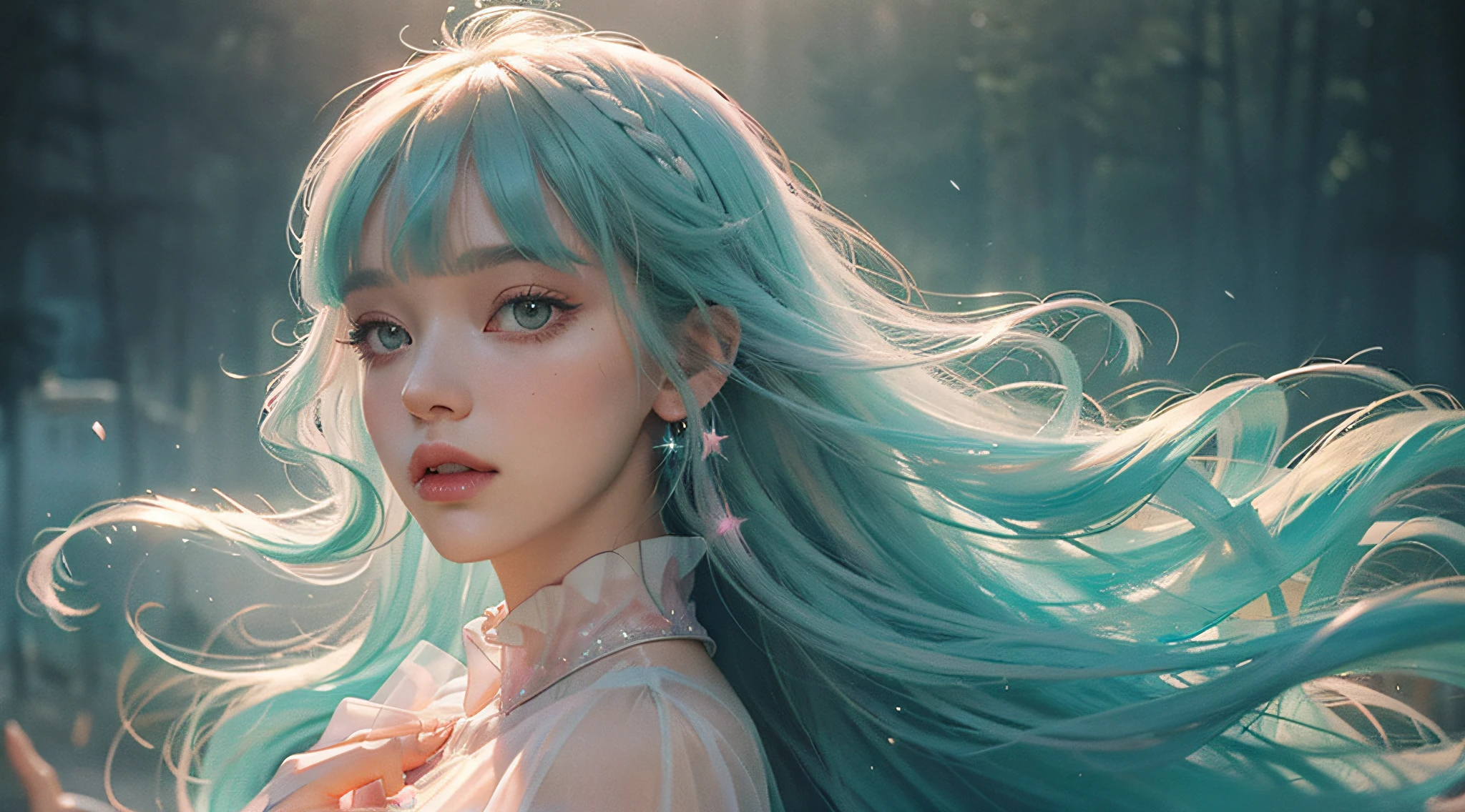 (fluorescent colors:1.4),(translucent:1.4),(retro filters:1.4), (fantasy:1.4), candy world Disney land ethereal soft fluffy soft landscape forest snowavatar Pastel pink sky green blue sparkle ethereal light pastel whimsical light rainbow stars diamonds sparkle gemstone background hyper realistic Ultra quality cinematic lighting immense detail Full hd painting Well lit,diagonal bangs,
collared dress,on side
masterpiece, best quality,realskin,(portrait:1.5), 1girl, blunt bangs, long hair