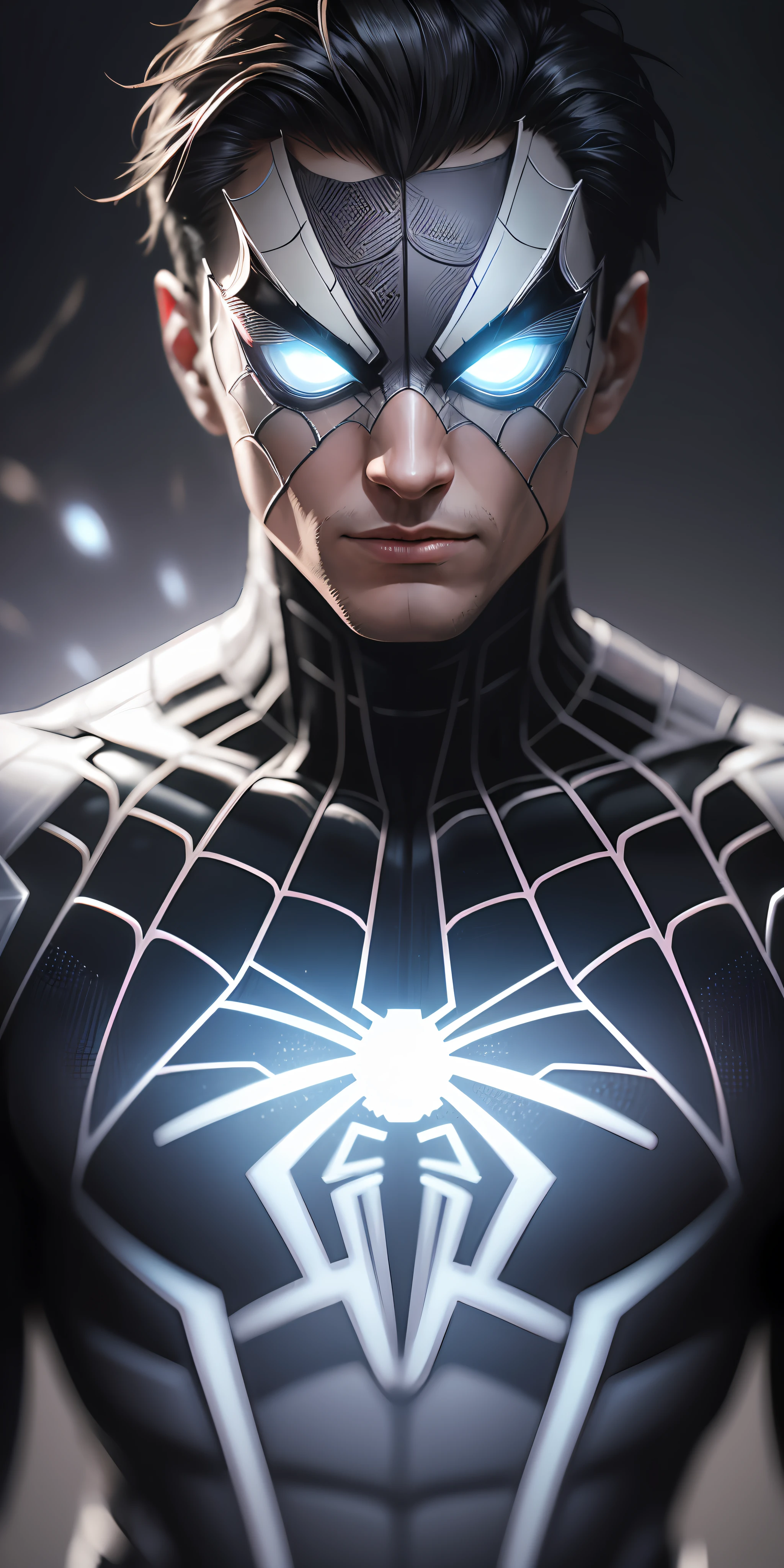 "The best possible quality in 8k resolution with an ultra-detailed image of Spider-Man in a futuristic black and white suit with a metallic web background. The focus is on the detailed textures and light and shadow effects on the suit. Add a touch of Cyberpunk style to the composition. Metaphor with metallic cobweb in the background, will add a stunning effect to the final image. ." --auto --s2