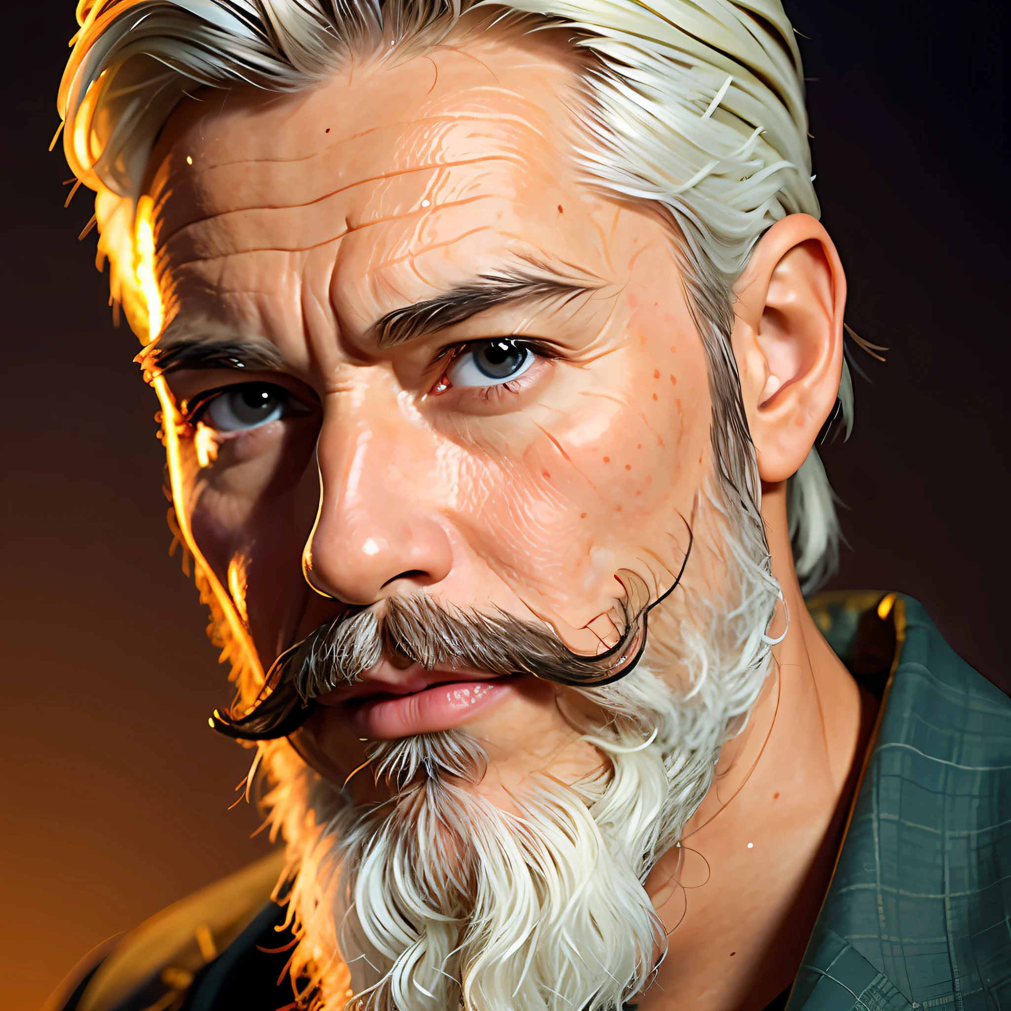 Mature male, mustache, half-breasted, frown, 4k, high resolution, masterpiece, best quality, clear focus, (cinema lighting), collarbone, [:( facial details: 1.2:0.2]