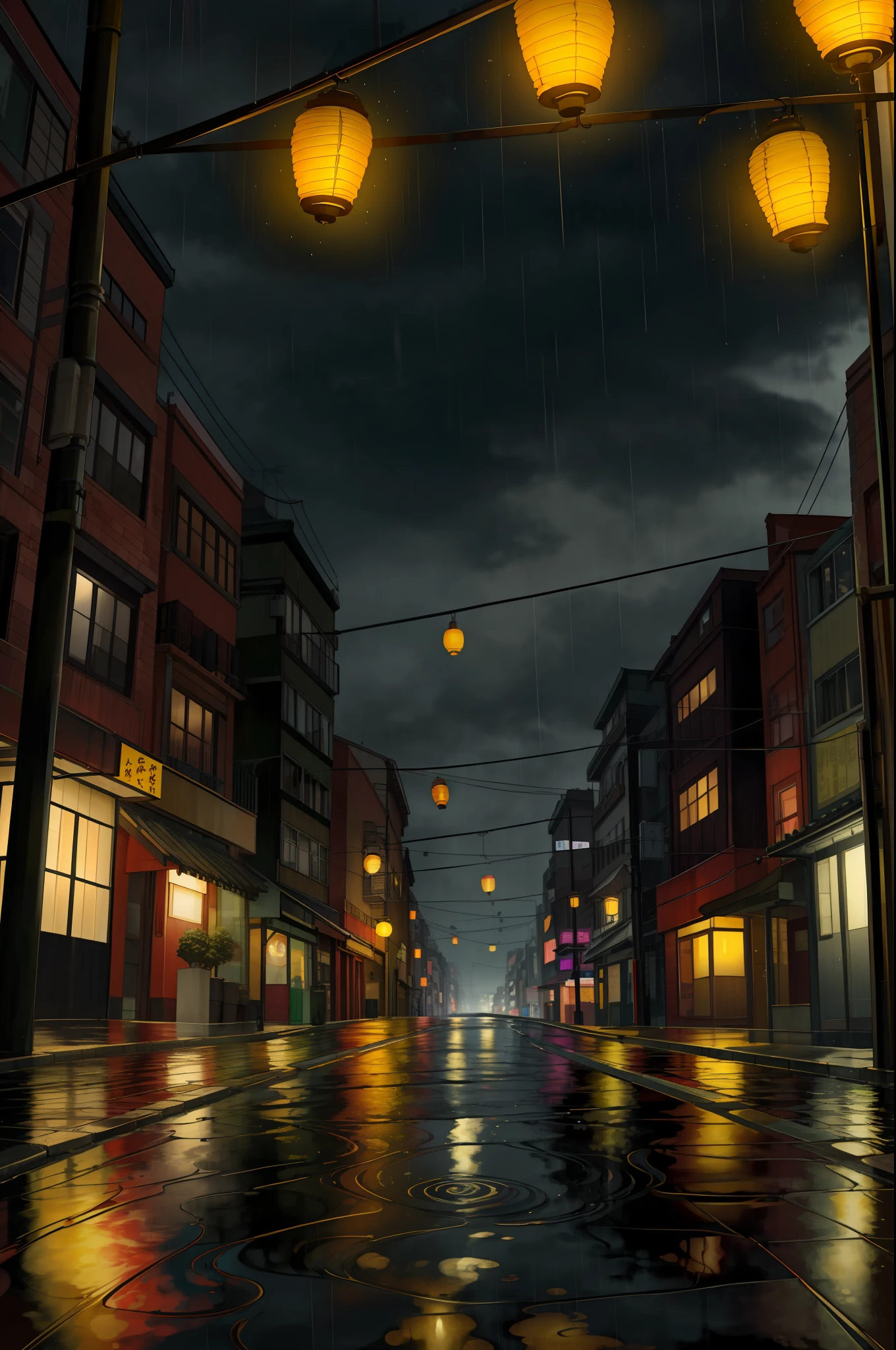 City streets, big moon, rainy nights, puddles, reflections of buildings in puddles, lonely lanterns, dramatic lights, dark sky, yellow pleasant lantern lights, high detail