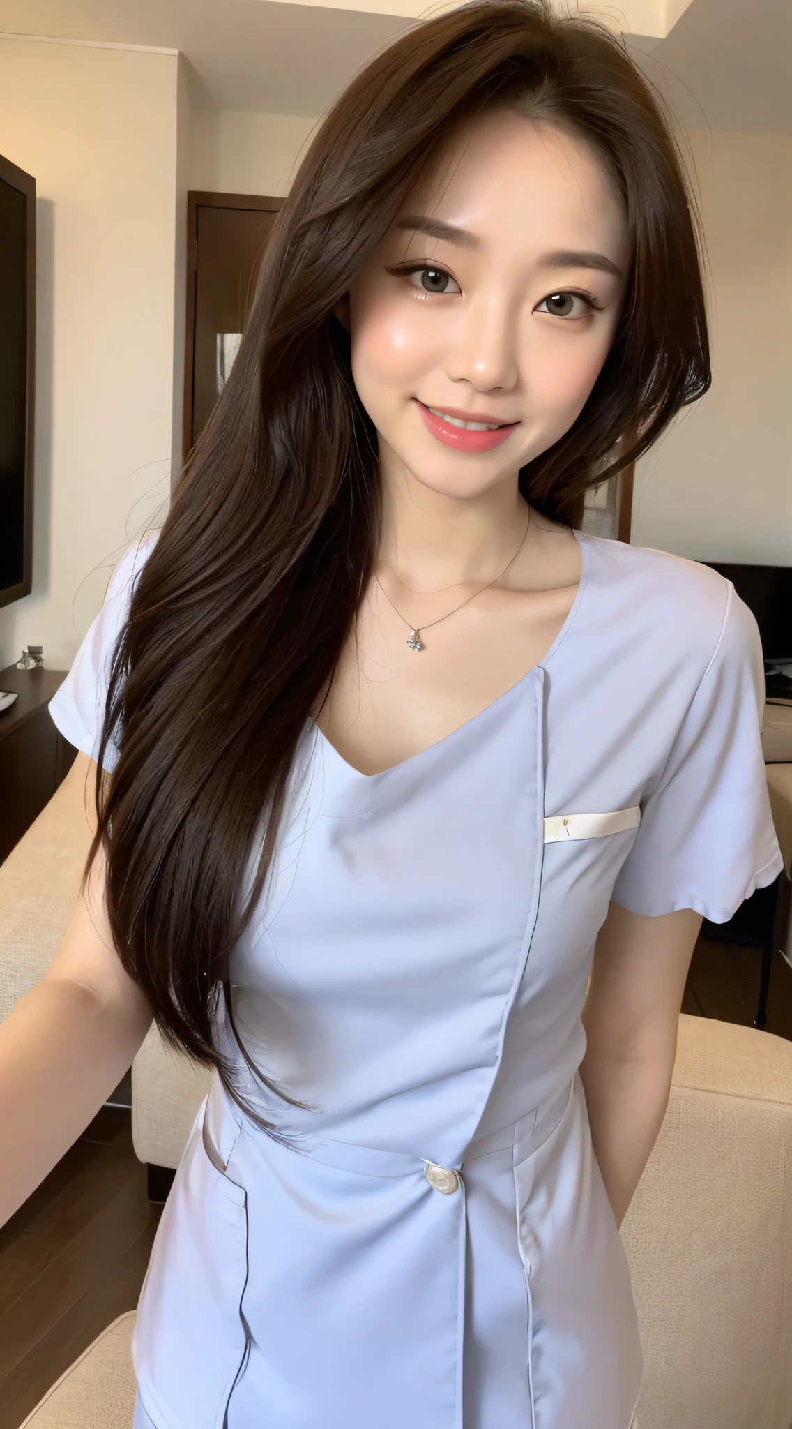 ((Top Quality, 8k, Masterpiece: 1.3)), Focus: 1.2, Perfect Body Beauty: 1.4, Buttocks: 1.2, (((Delicate Hair)), (Stylish Nurse Uniform: 1.1), (Room, Living Room: 1.3), Highly Detailed Face and Skin Texture, Fine Eyes, Double Eyelids, Whitening Skin, Big, Smile, Wearing a Necklace, Shiny Shiny