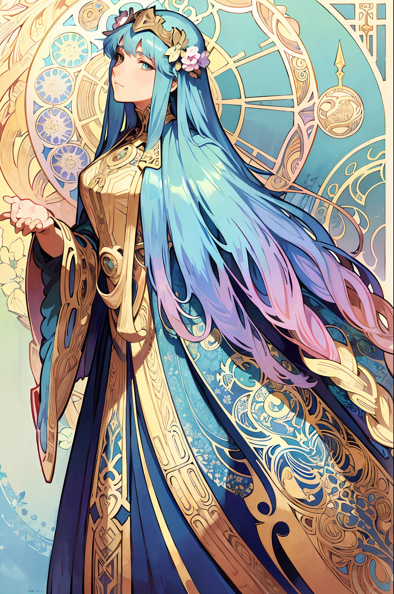 (Alphonse Mucha: 1.4), Facial portrait of European beauty, long hair, cyan hair flower decoration, (detail + intricate detail: 1.2), 4K, abstract art, body proportions, line art, side face, colorful, Fibonacci, Mucha style