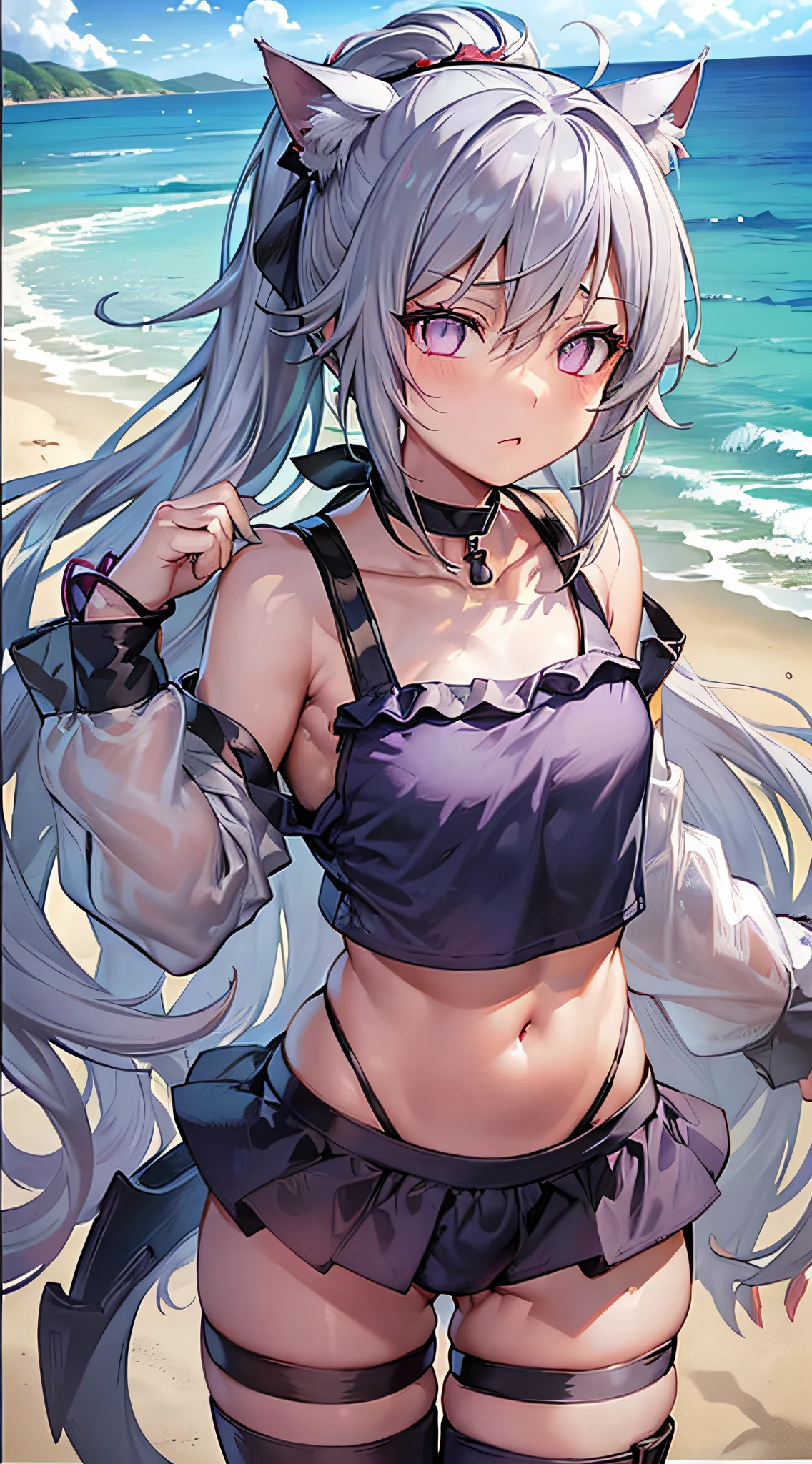 Movie angle, depth of field, (viewer view), (right foreground: 1), (standing photo: 1), , cat ears girl, (solo),silver hair,(white skin:1), (curvaceous:1.2), (wide hips:1.1), cat-eared girl, (beautiful beach background), (coast background: 1.4), (beach background: 1.4), (red school swimsuit), (bare shoulders, red school swimsuit), (T-back panties) :1.2), (sharp claws, detailed horns, choker, thigh-high boots, (ponytail, hair between the eyes), (silver-haired), (purple-eyed), (flat chest: 1.2), expressionless, stunned, sleepy, wakame