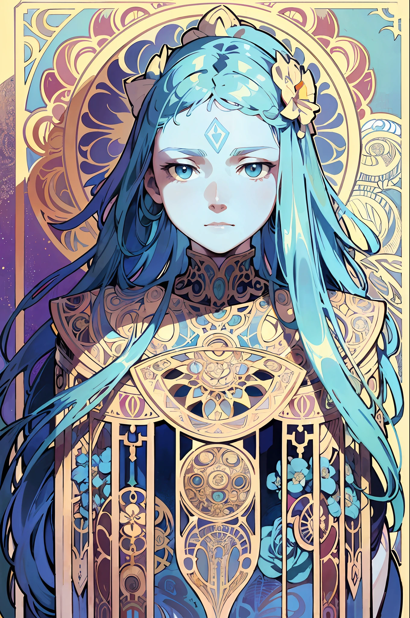 (Alphonse Mucha: 1.4), Facial portrait of European beauty, long hair, cyan hair flower decoration, (detail + intricate detail: 1.2), 4K, abstract art, body proportions, line art, side face, colorful, Fibonacci, Mucha style