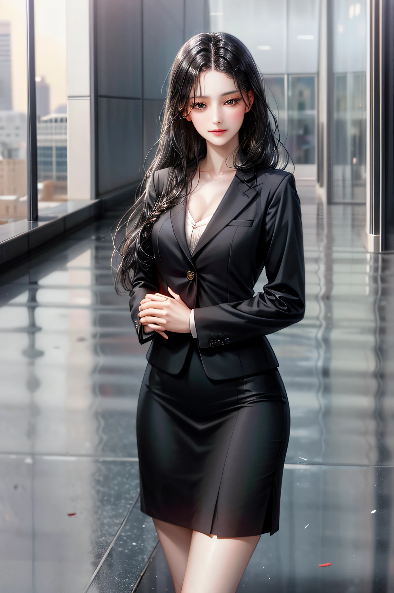 Girl with long straight black hair and brown eyes, beautiful, thin, flat, tall, wearing a businesswoman's uniform