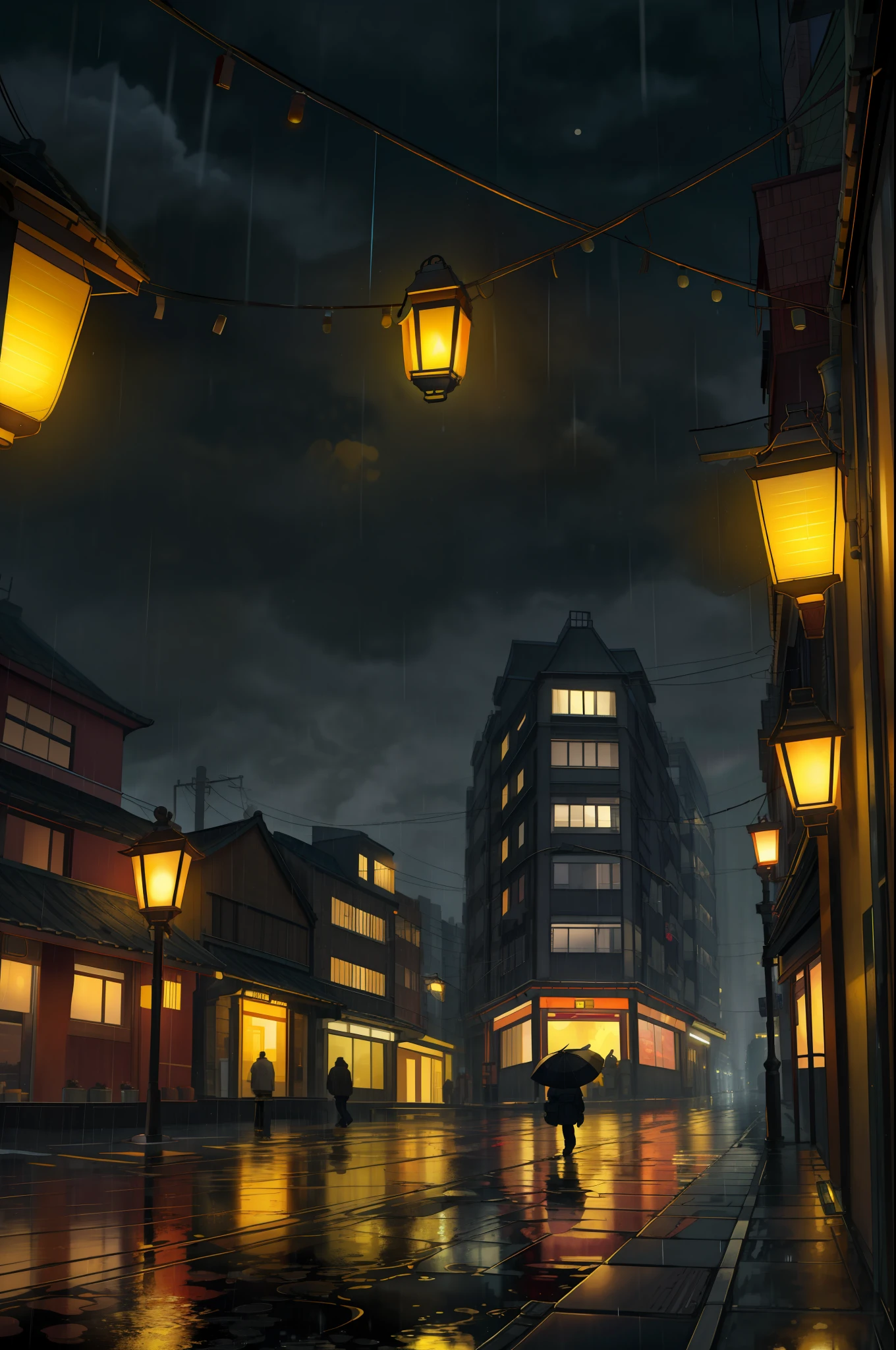 City streets, big moon, rainy nights, puddles, reflections of buildings in puddles, lonely lanterns, dramatic lights, dark sky, yellow pleasant lantern lights, high detail