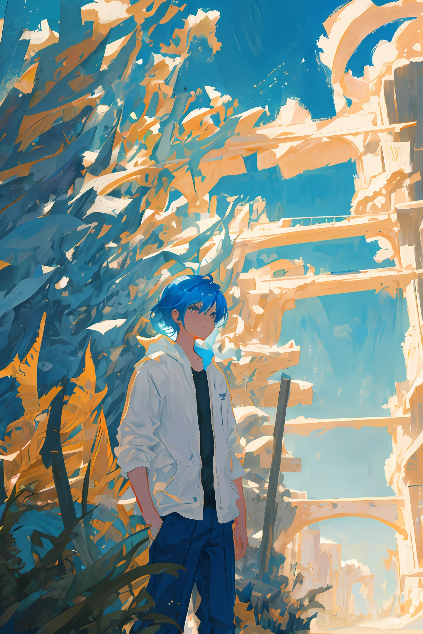 Port, blue clothes, hoodie, sea, back, minimalist, illustration, Miyazaki