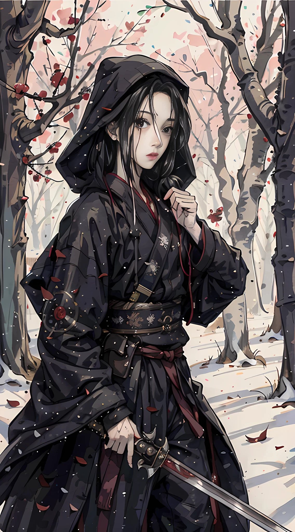Masterpiece, best quality, 1 boy, black hair, hanfu, hooded, martial arts, long sword, blood, woods, enemy