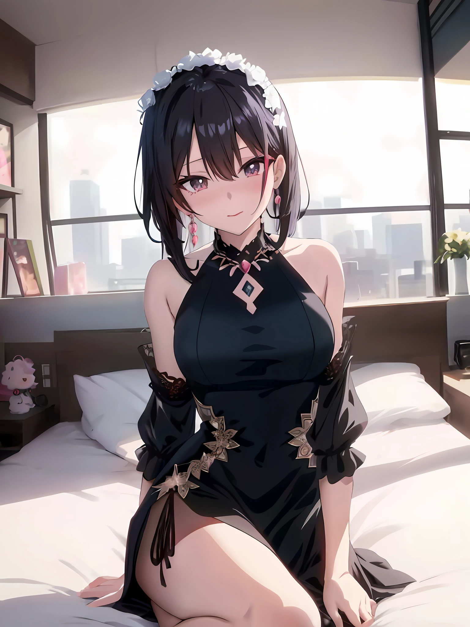 anime - style image of a woman in a black dress sitting on a bed, cute anime waifu in a nice dress, seductive anime girl, anime girl wearing a black dress, attractive anime girl, beautiful anime girl, anime waifu, beautiful alluring anime woman, best anime 4k konachan wallpaper, beautiful anime woman, loli in dress, cute anime girl