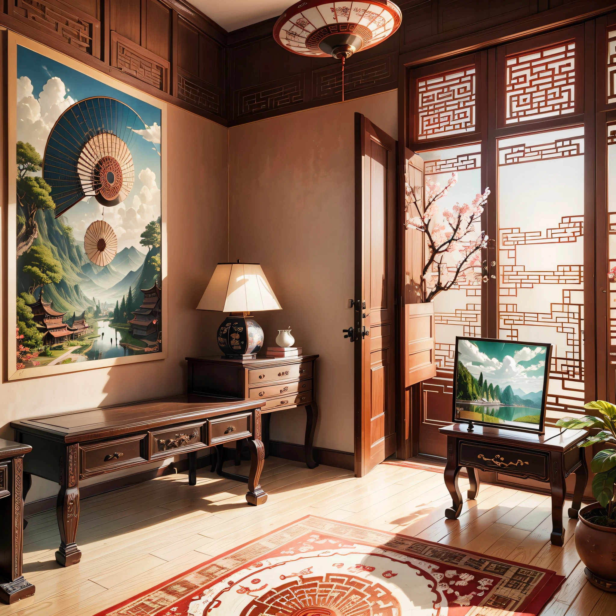 (Chinese interior, , realistic documentary photography, showing history,)bedroom, front of perspective, fan detail, jun porcelain hand fan, parquet floor, calm elegance, auspicious cloud mural,