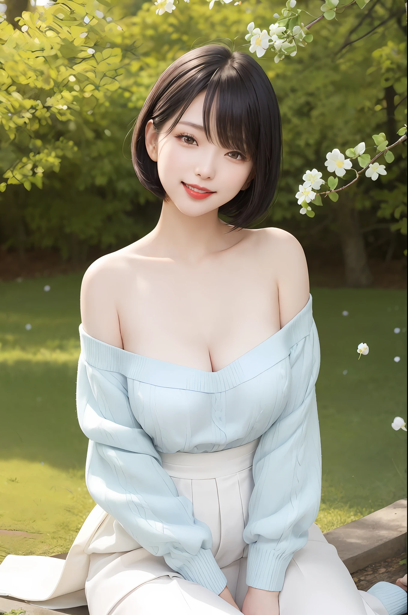 (ulzzang-6500-v1.1:1.1),A japanese woman stands in a green park, charming A japanese woman stands in a park where white clover blooms all around, a forest can be seen in the background, exquisite and beautiful face, exquisite collarbone, seductive and delicate collarbone, charming fragrant shoulders, shoulders slightly exposed, open-shoulder long sweater,sky blue sweater, pretty face, (peach Red lips:1.1), tender and smooth skin,(white skin:1.2),(black hair:1.1),(bob hair:1.2), short hair,(smile:1.2),smile with teeth, white teeth,very realistic details, ultra-high resolution,bokeh,outstanding details, full body