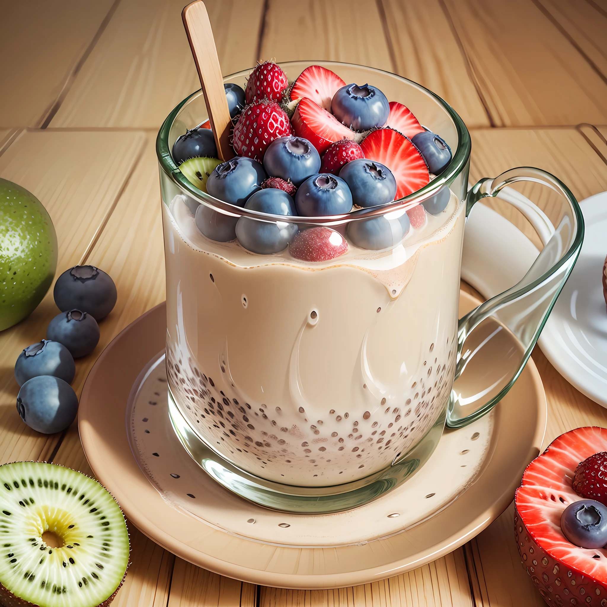 2 tablespoons chia seeds 1 cup milk (can be cow's milk, vegetable milk or yogurt) 1 tablespoon honey or other sweetener of your choice 1 teaspoon vanilla extract (optional) Chopped fresh fruits (such as strawberries, kiwi, mango, blueberries, etc.) for topping --auto --s2