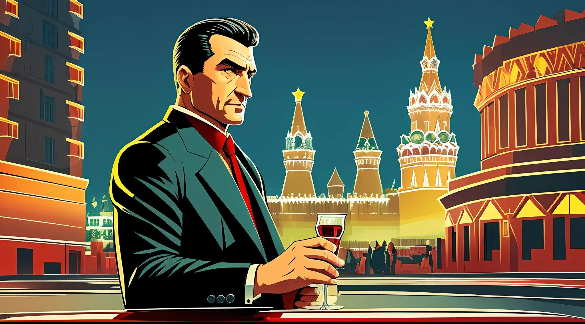 (Mafia Boss) ((The Man in the Jacket)) (((Moscow in the background))) A glass of alcohol in his hand, a confident look, a night, a luxurious, old, black car, in the style of late Soviet animation, in the style of Soviet posters, in the style of Soviet advertising --auto --s2