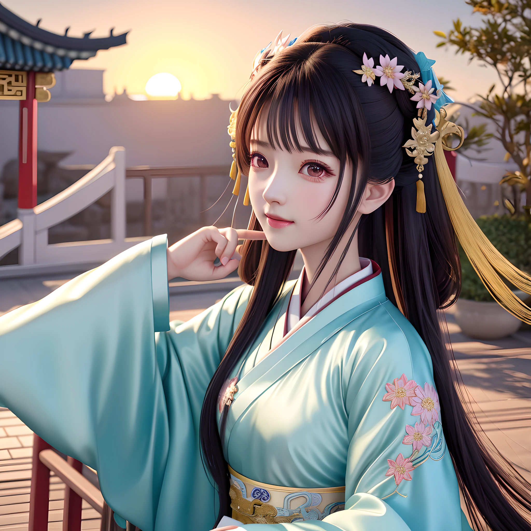 Super high resolution, a close-up of a woman in Hanfu, palace, gorgeous Hanfu girl, beautiful character painting, Chinese girl, beautiful anime portrait, stunning anime face portrait, beautiful anime girl, ancient Chinese princess, beautiful girl, beautiful digital artwork, detailed portrait of anime girl, beautiful hanfu, Chinese hanfu, realistic 3D style, smooth anime CG art, super high resolution, best quality, photos, 16k, movie lighting , and achieve 64K resolution, for an immersive and realistic visual experience. Let your work capture the essence of myth and wonder and amaze viewers at its beauty and power. Pure, candid photos, (beautiful figure), seductive smile, sweet smile, cute, amiable, casual hair, sunset moment, distant mountain background, embroidered Hanfu