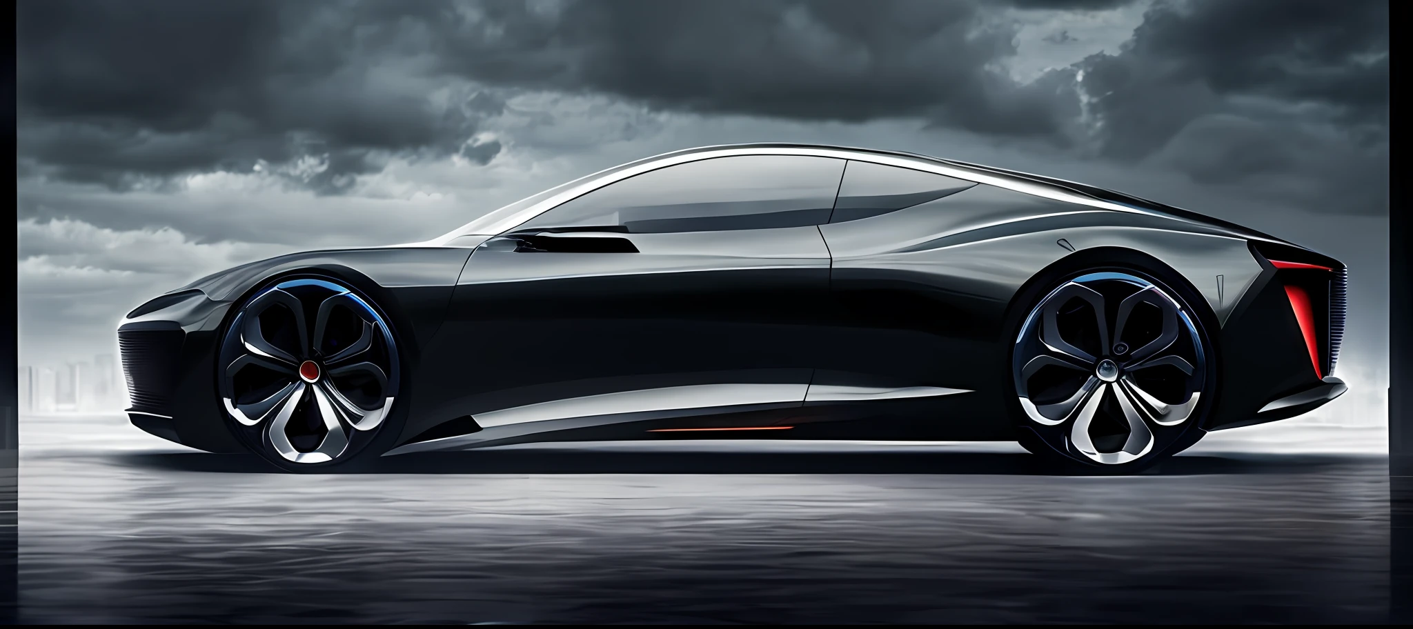 black car, concept car, futuristic concept car, smooth lines, powerful power, rendering of futuristic supercar, car in pictures on rainy road, heavy rain, real rendering, real light and shadow, reflective details, city background, super high resolution