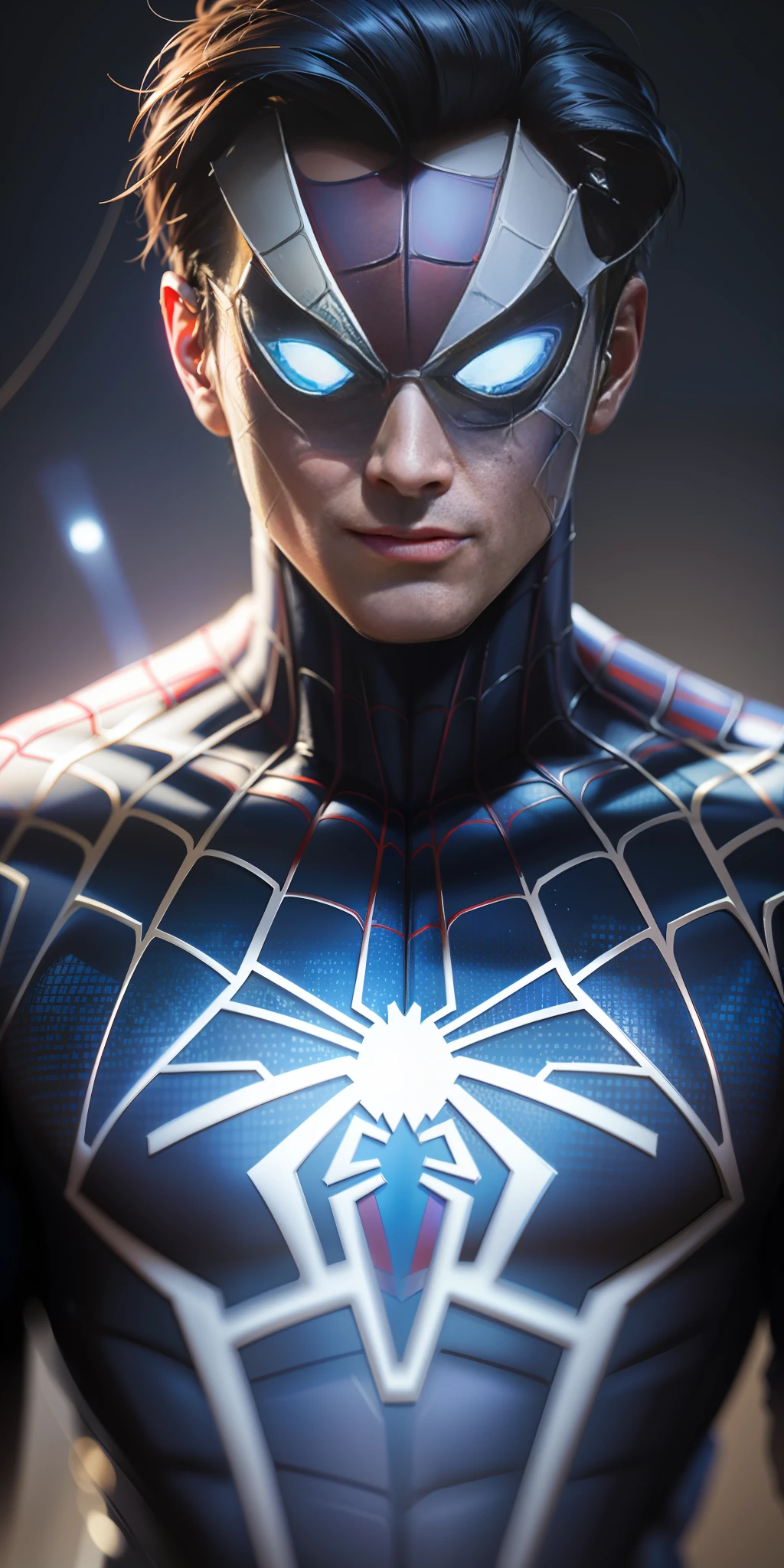 a close up of a man with a spider - man costume on, portrait of spiderman, futuristic style spiderman, super detailed render, highly detailed spider - man, 3 d render character art 8 k, high detail iconic character, medium close - up ( mcu ), high quality cg render, peter parker, hyper realistic render, peter parker as spiderman, hyper detailed photorealistic