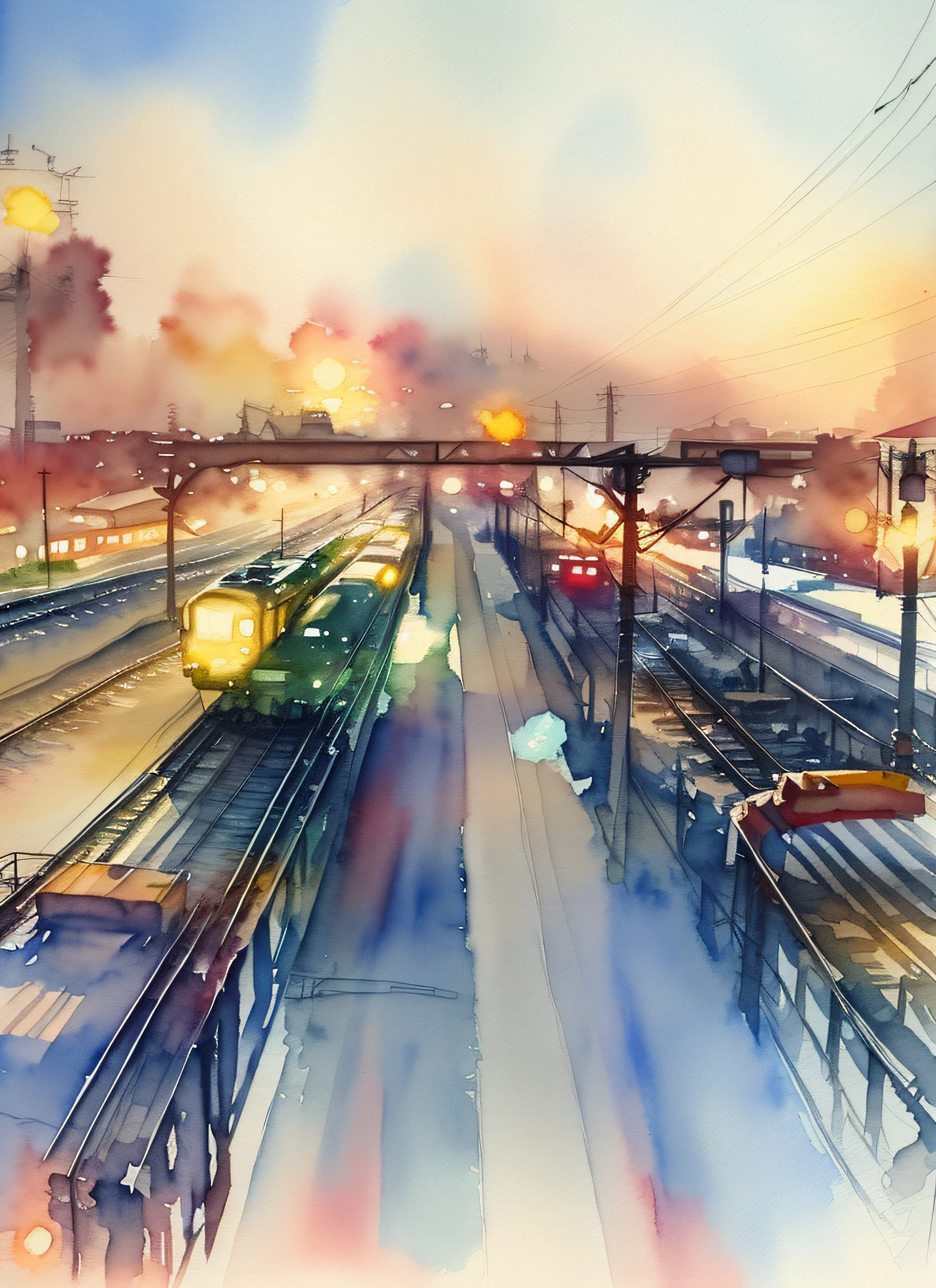 ( watercolor \(medium\), drawing, IrisCompiet:1.2),painting evening, electric trains on tracks,lights,headlights,rails,transmission lines, landscape, sfw, railway