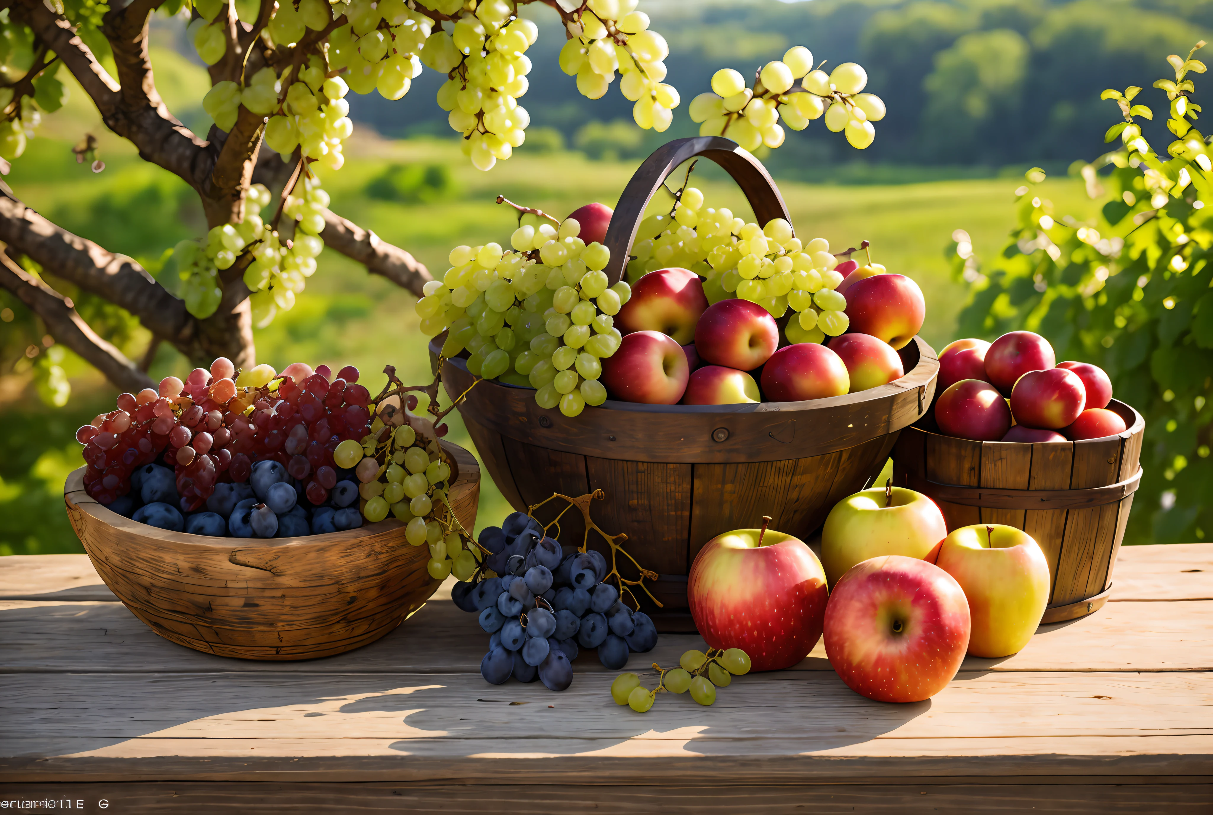 (rustic morning background + high-quality photos of various fruits) + (1.12 intricate details + grapes + apples + bananas) + (1.15 super detailed multi-detail + HDR) + (Sony FE GM+ lens flares)